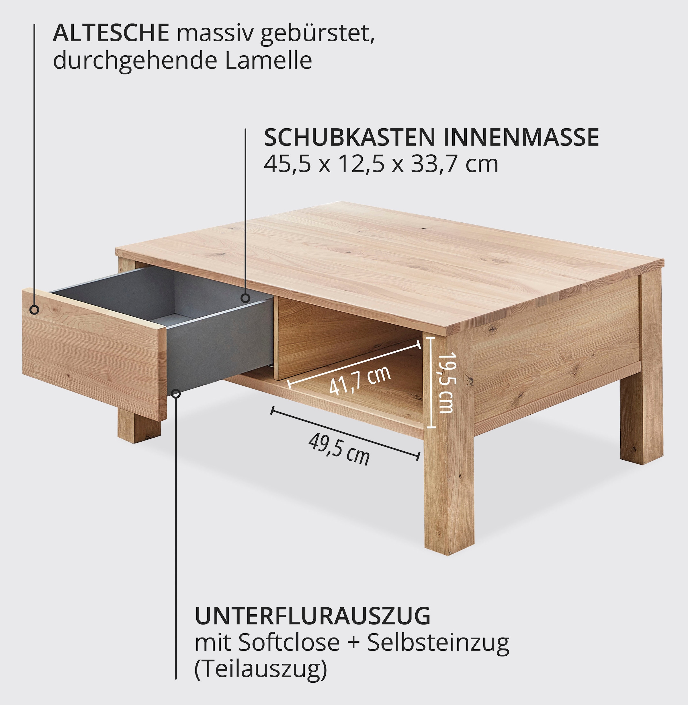 Wohnconcept Couchtisch »Malaga Couchtisch, 115x45x65 (BxHxT)« 1 Stk. tlg. Massivholzplatte, 1Schubkaste, 3 offene Fächer, ABS-Kantenschutz