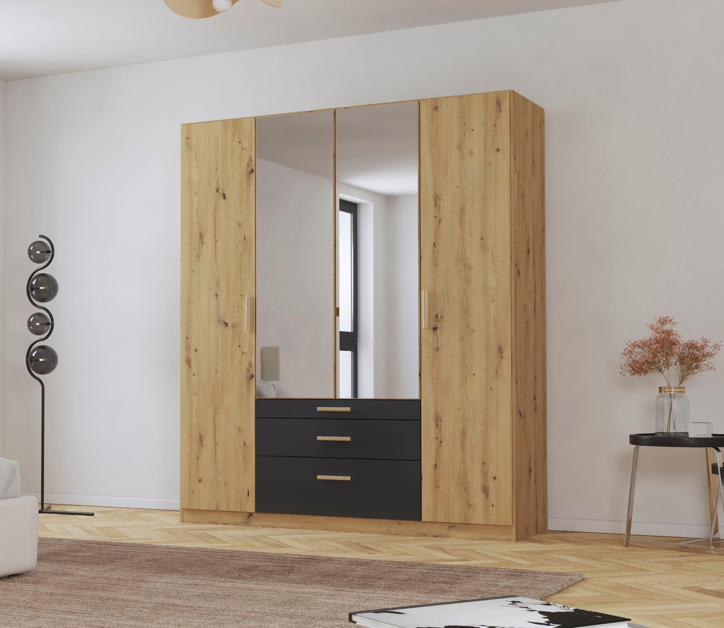 rauch Kleiderschrank »Schrank Drehtürenschrank Ankleide Garderobe Schlafzimmer MOSBACH« Breiten: 181/226/271 cm, Höhe 210 cm,  mit Spiegel und farblich abgesetzten Schubladen MADE IN GERMANY