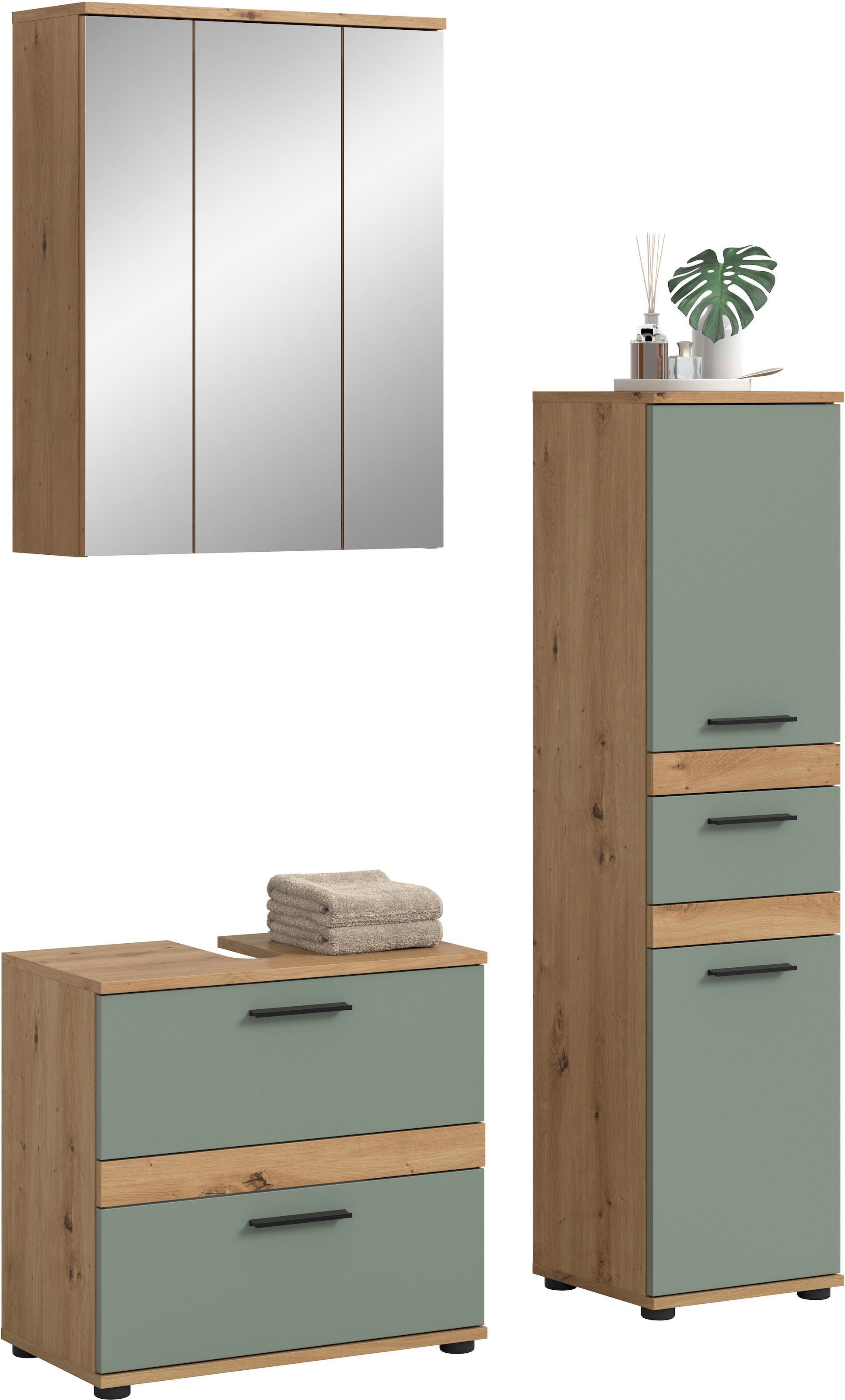 welltime Badmöbel-Set "LUCCA, 3-teilig, hochwertige MDF Front" Set, best. aus: Waschbeckenunterschrank, Spiegelschrank, Hochschrank, 3 Stk. tlg.