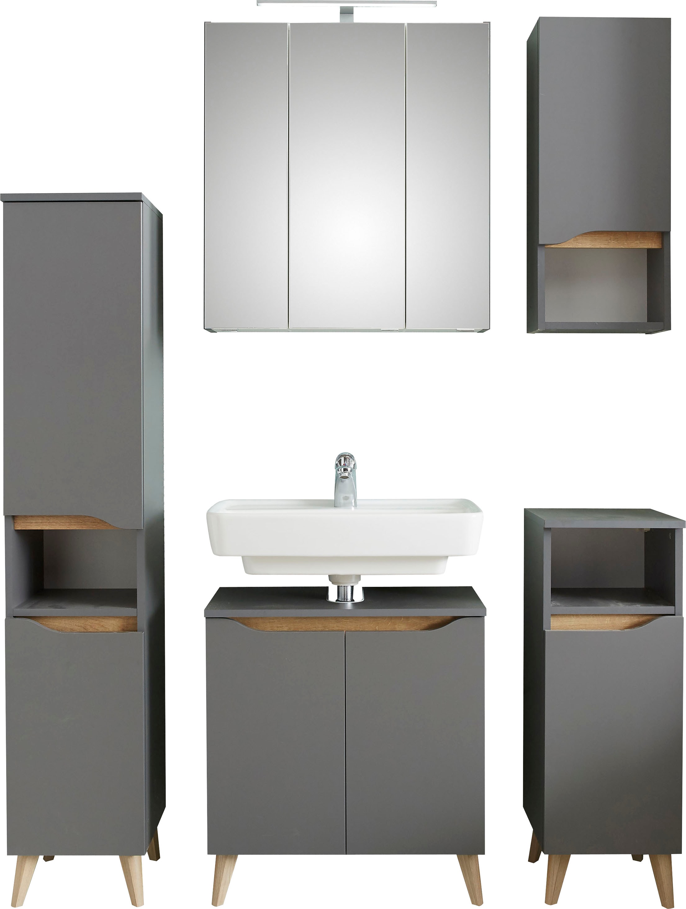 Saphir Badmöbel-Set »Quickset 5-teilig Waschbeckenunterschrank und LED-Spiegelschrank«, (5 St.), Midischrank, Unterschrank, Hängeschrank, inkl. Türdämpfer, 9 Türen