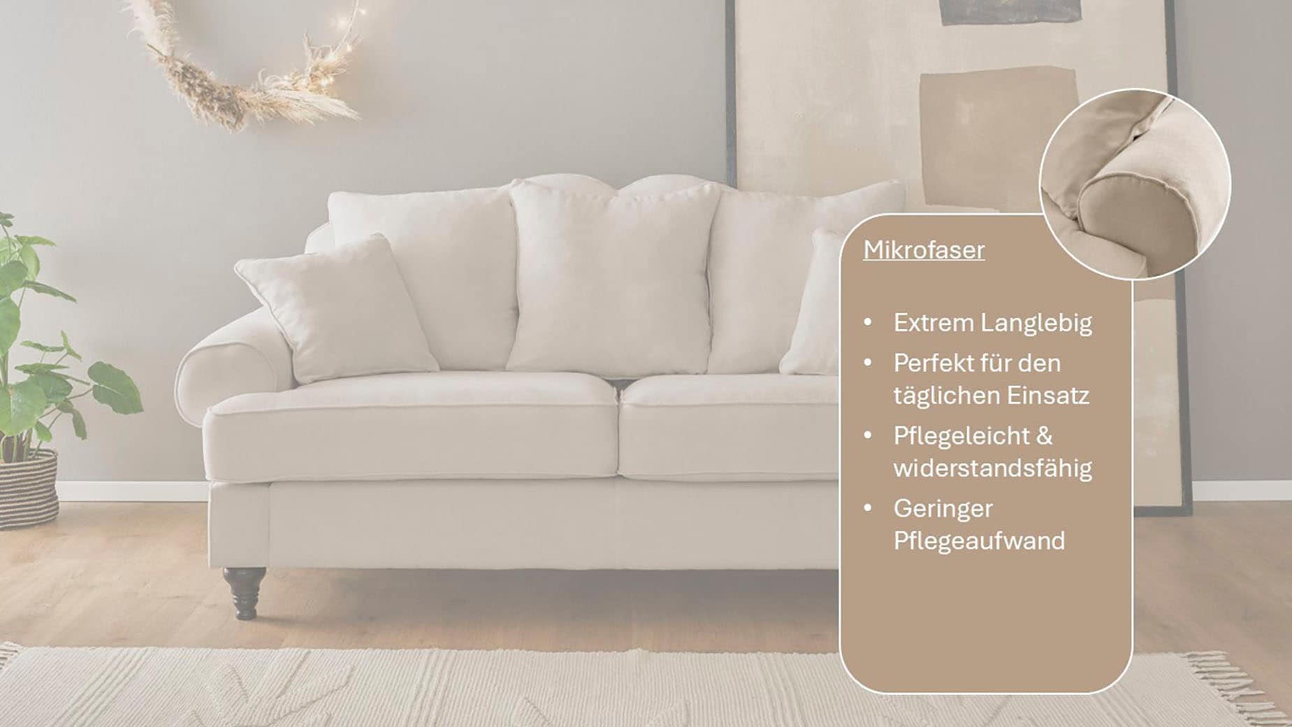 OTTO home 3-Sitzer »Westminster, Sofa im Landhausstil, Couch mit Zierkissen« Federkern-Polsterung, gedrechselter Fuß, hochwertiger Microfaserbezug