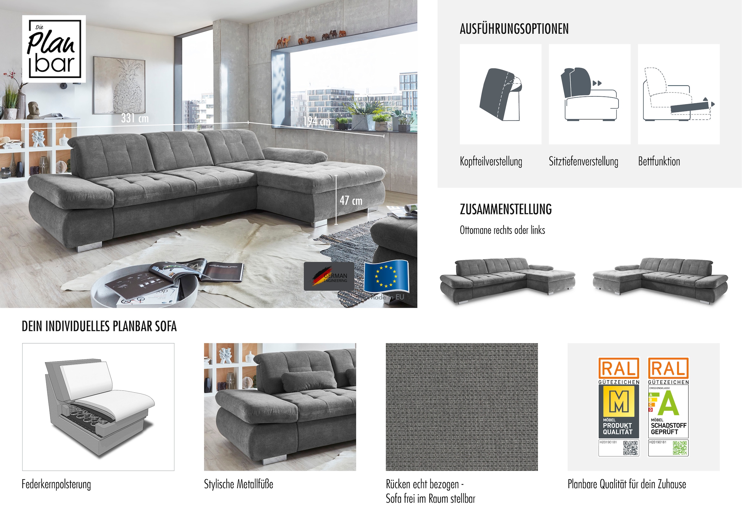 Die PlanBar Ecksofa »MP-IN17004 L-Form«, wahlweise mit Funktion, Federkern