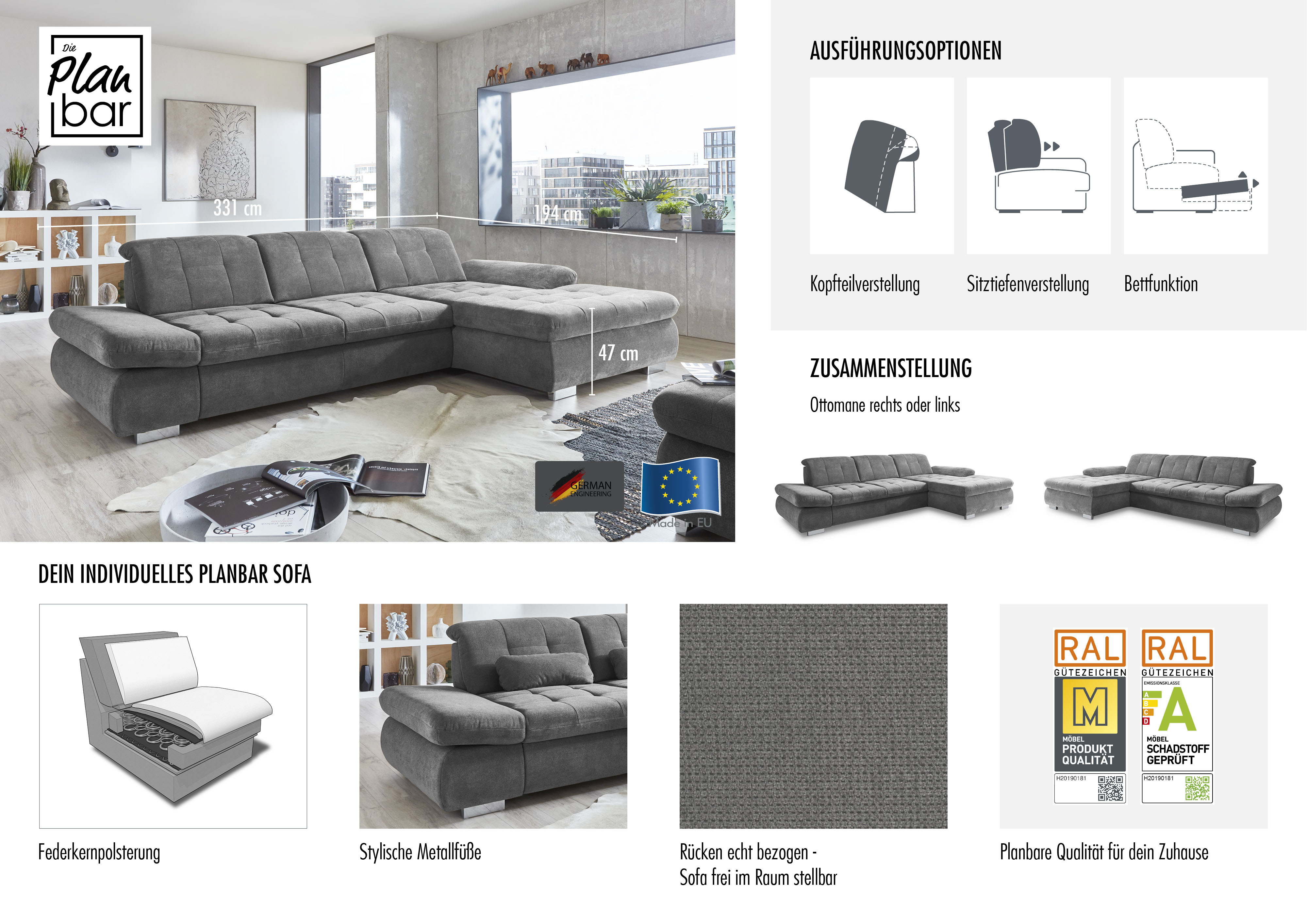 Thumbnail - Die PlanBar Ecksofa "MP-IN17004 L-Form", wahlweise mit Funktion, Federkern