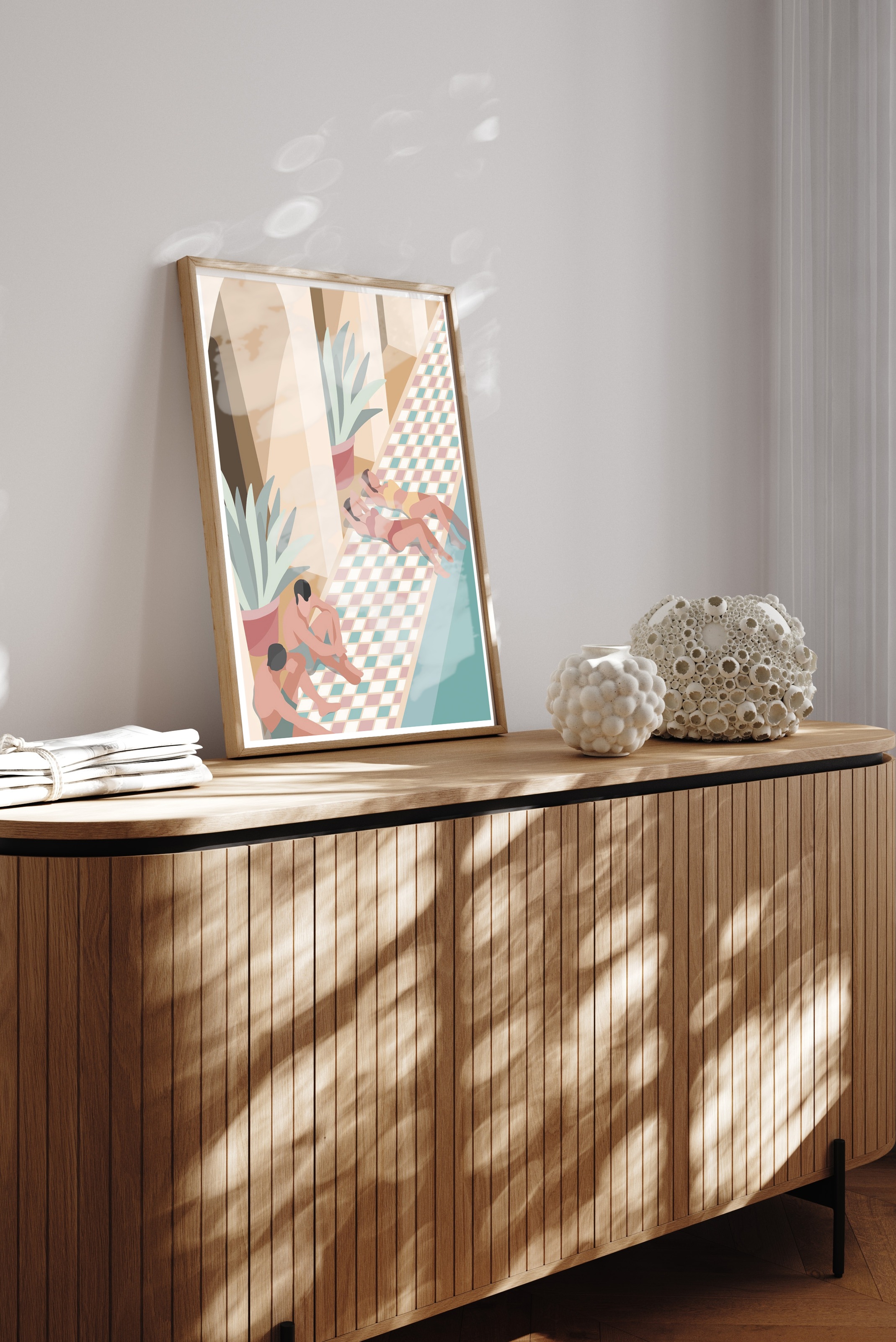 queence Bild mit Rahmen »Mit Freunden am Pool« Bilder von Frauen | Bilder von Männern | Gemälde | Gewässer | Kunst | Personen 1 Stk. tlg. Kunstdruck in Pastell mit einem Echtholzrahmen