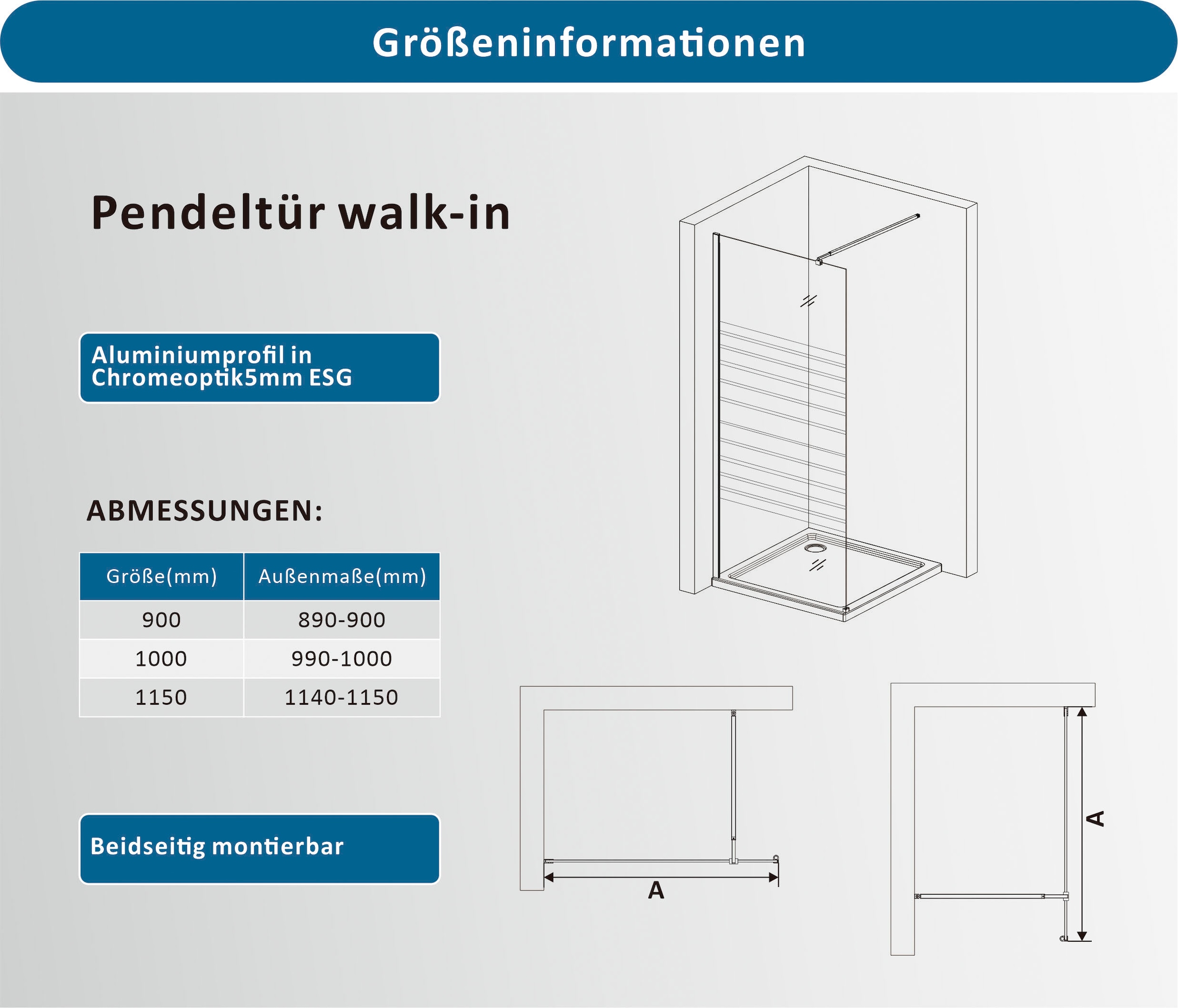 welltime Walk-in-Dusche 8mm Starke Scheibe mit Streifendekor