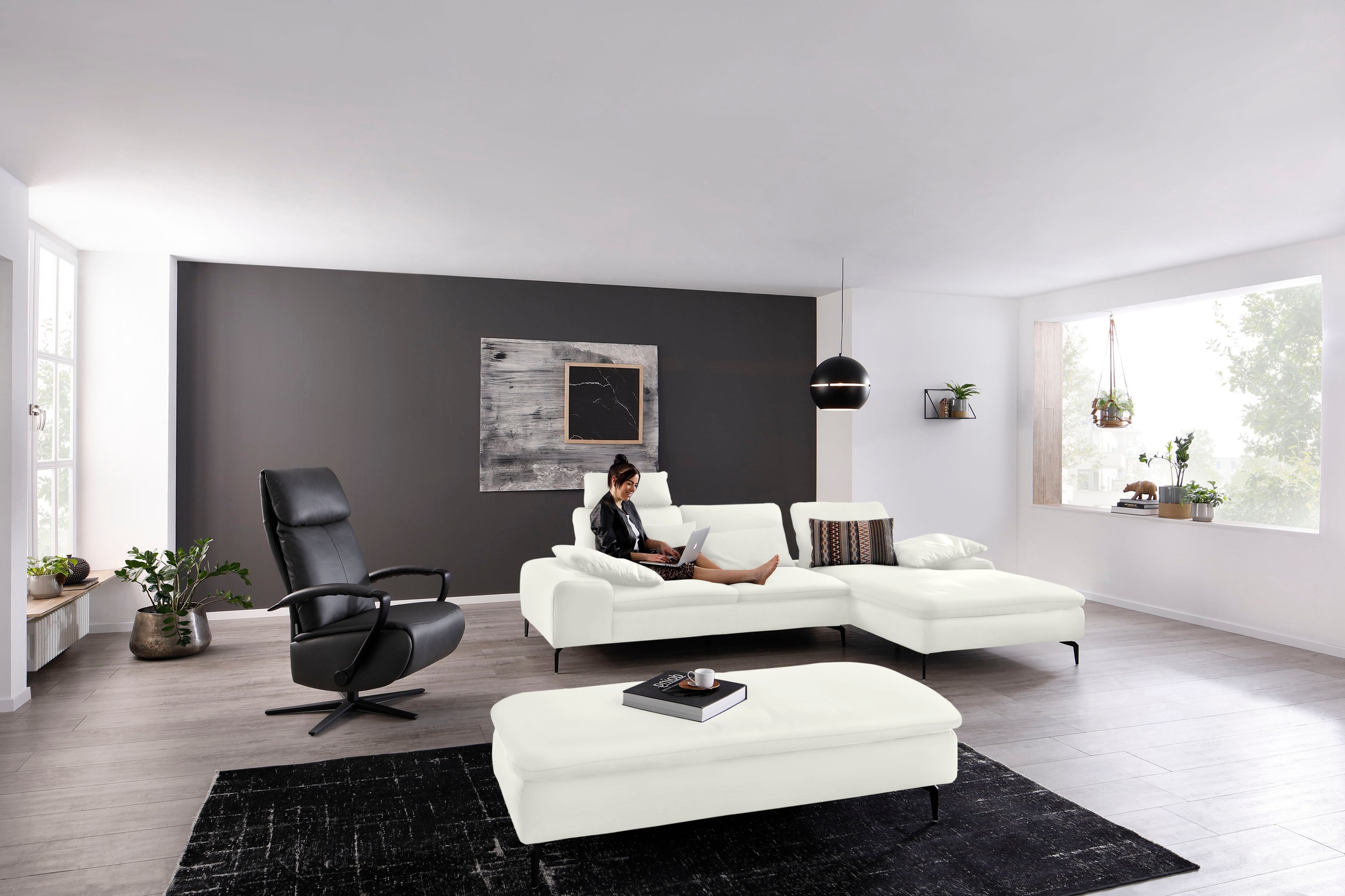 W.SCHILLIG Ecksofa »valentinoo, Designsofa, bequem, elegant und zeitlos, L-Form«, (Set), inklusive Hocker, mit Sitztiefenverstellung, Breite 299 cm