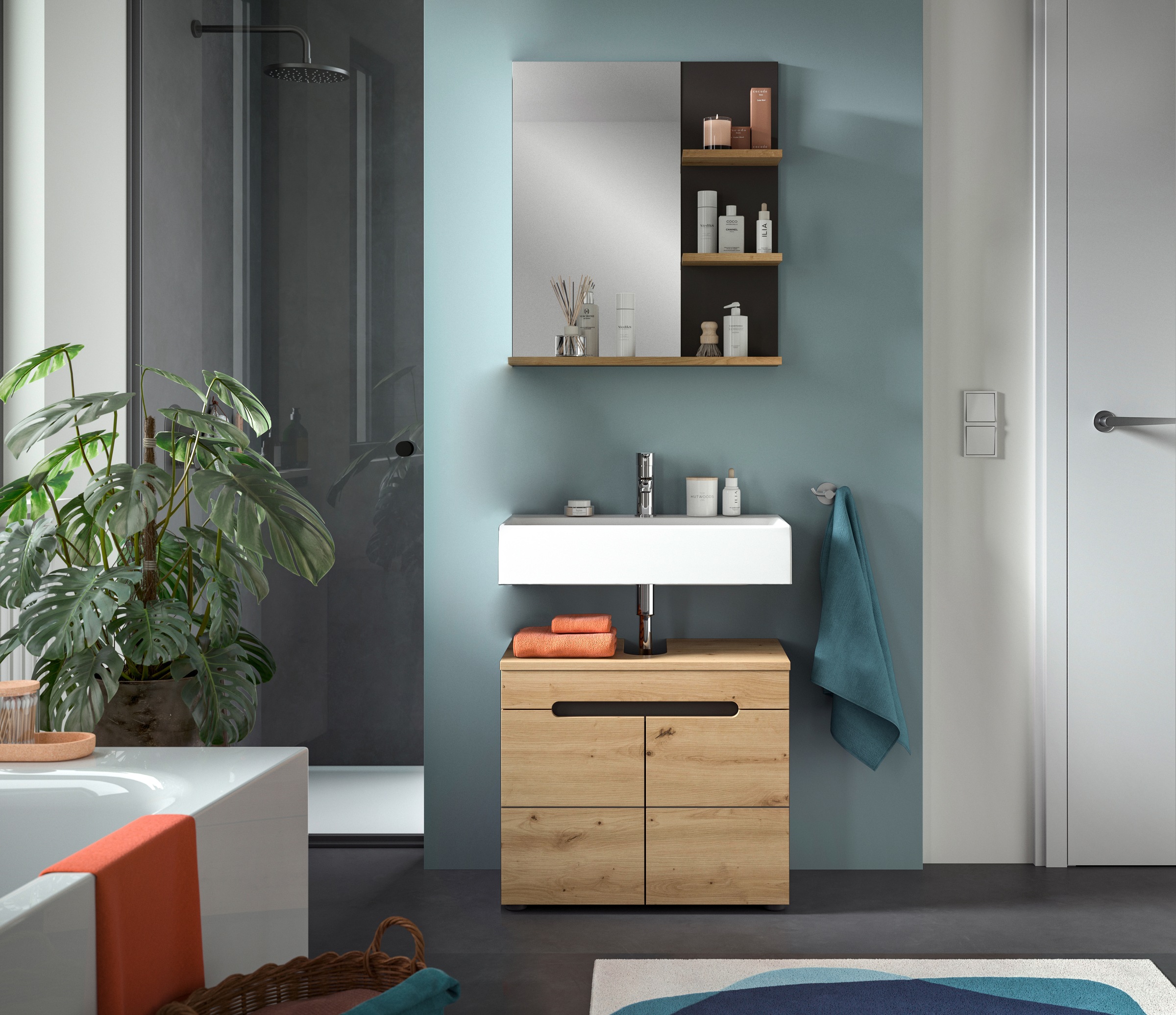 INOSIGN Badmöbel-Set »REHAT, 2-teilig, Breite 63 cm, mit grifflosen Fronten, bestehend aus:«, (2 St.), 1x Waschbeckenunterschrank & 1x Spiegelschrank