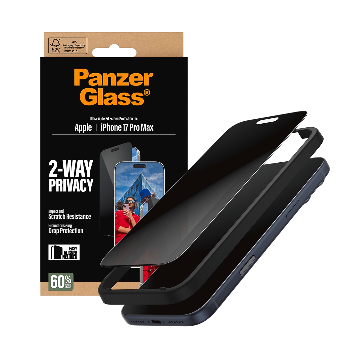 CARE by PanzerGlass Displayschutzglas »2-Way Privacy Ultra-Wide Fit Screen Protector«, für Apple iPhone 17 Pro Max, Displayschutzfolie, Schutzfolie, Bildschirmschutz, kratz- & stoßfest