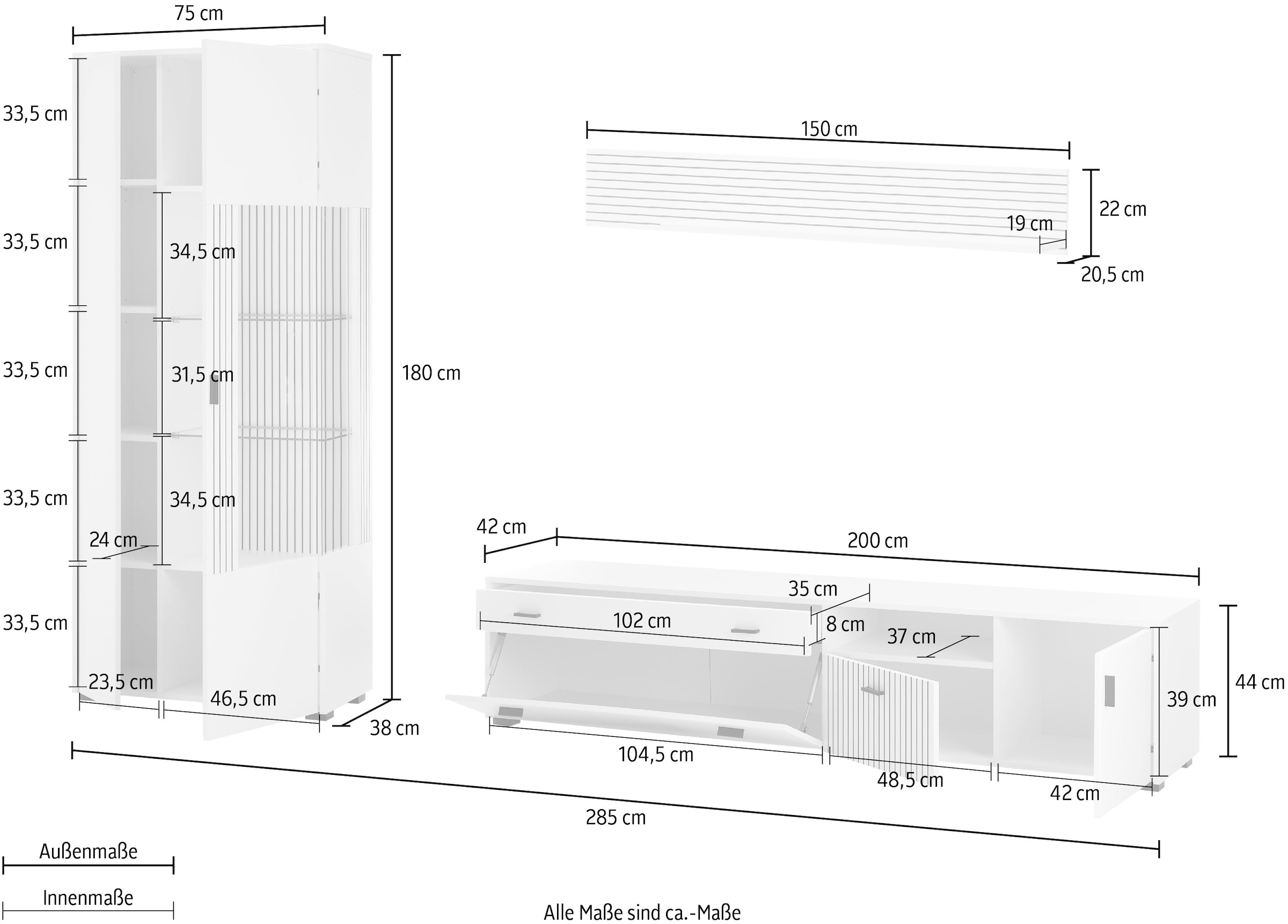 INOSIGN Wohnwand »HUDSON«, (Set, 3 St.), mit moderner Rillenoptik, Griffe aus Metall (Schwarz), Breite 285 cm