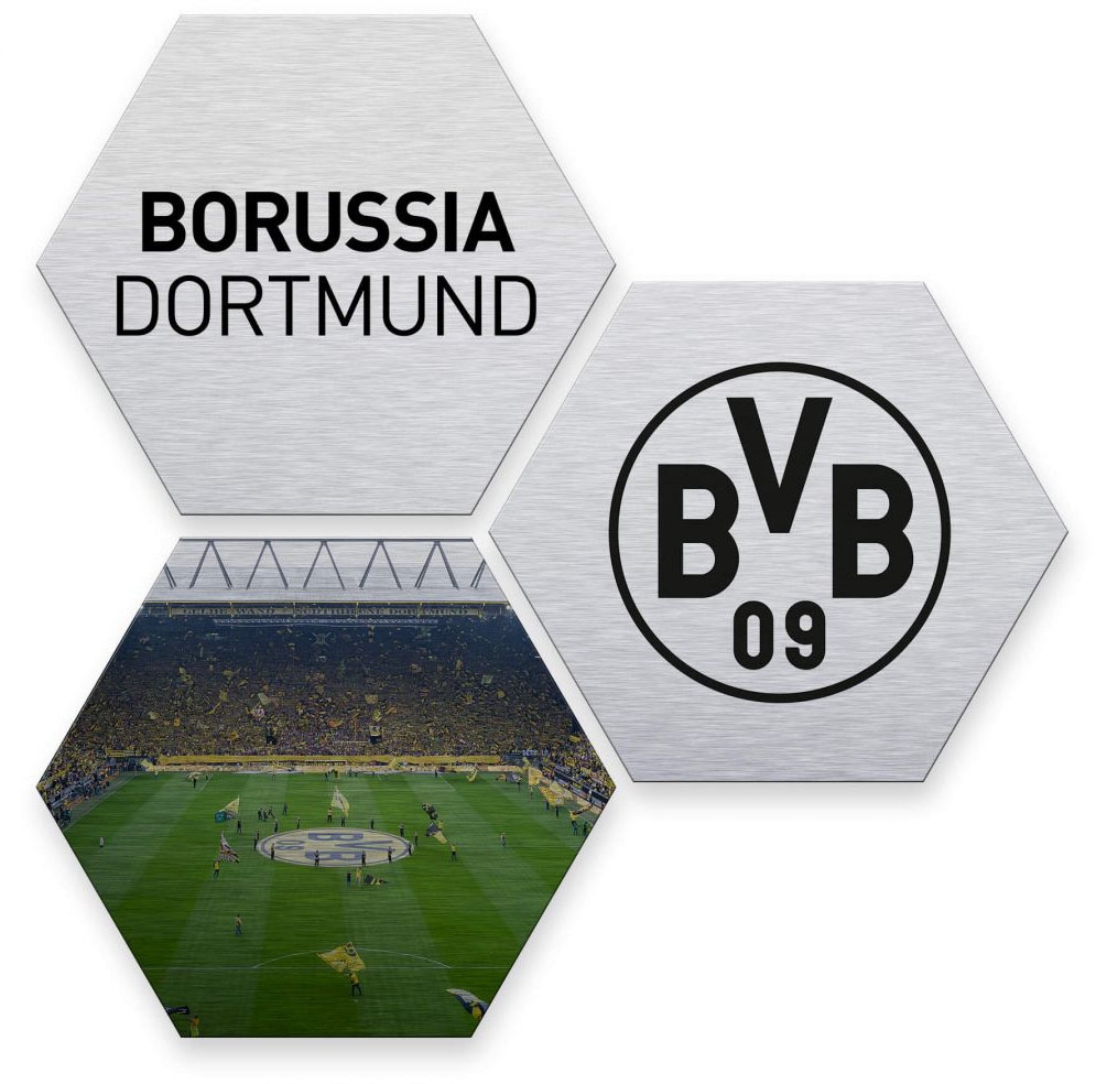 Wall-Art Mehrteilige Bilder "Silber BVB Borussia Dortmund", Schriftzug, (Set, 3 St.), Metallschild Collage