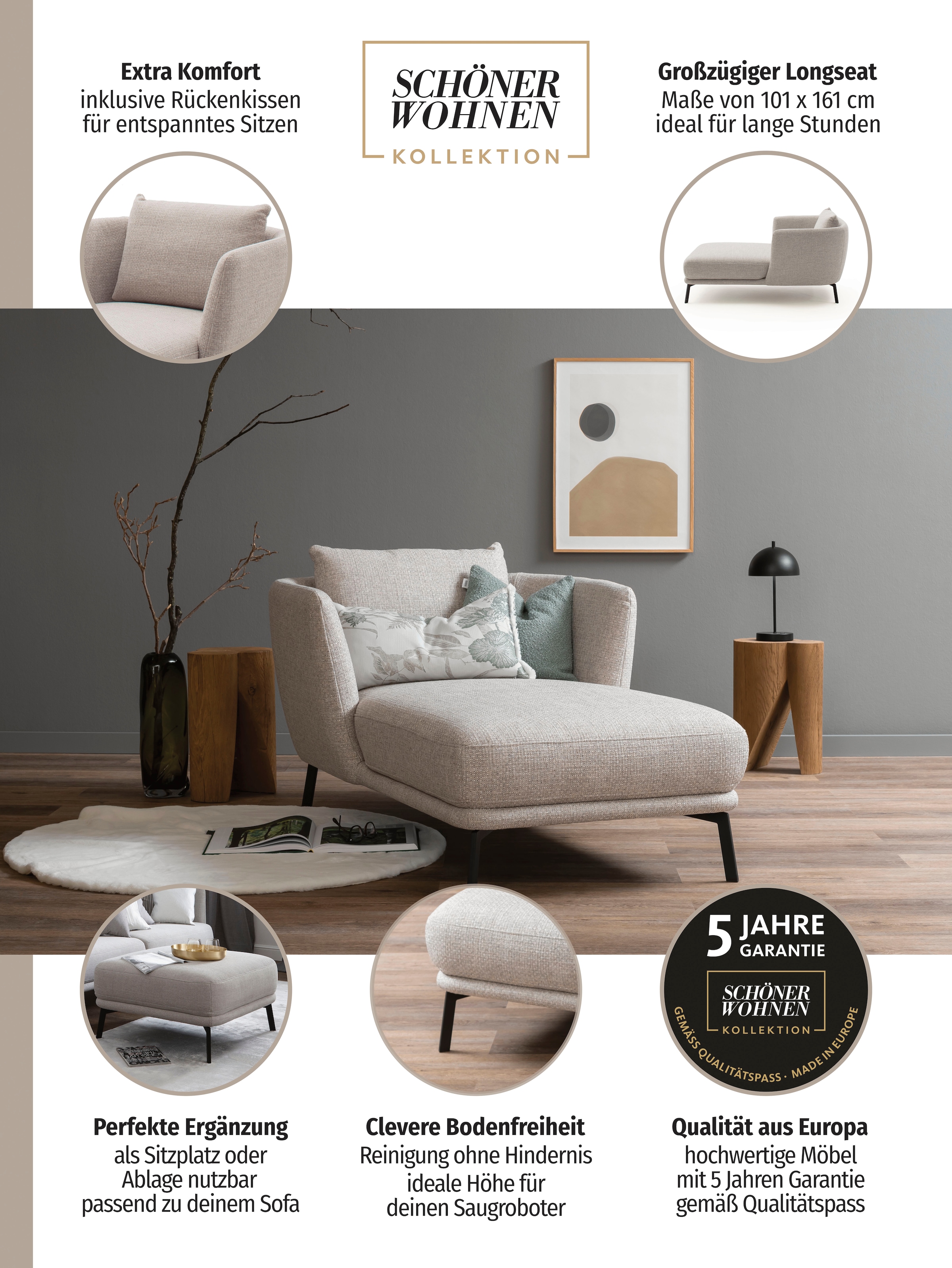 SCHÖNER WOHNEN-Kollektion Chaiselongue »Pearl - 5 Jahre Hersteller-Garantie, auch in Bouclé. Füße Massivholz« Loveseat und Loungesessel, Maße (B/H/T): 101/71/161 cm