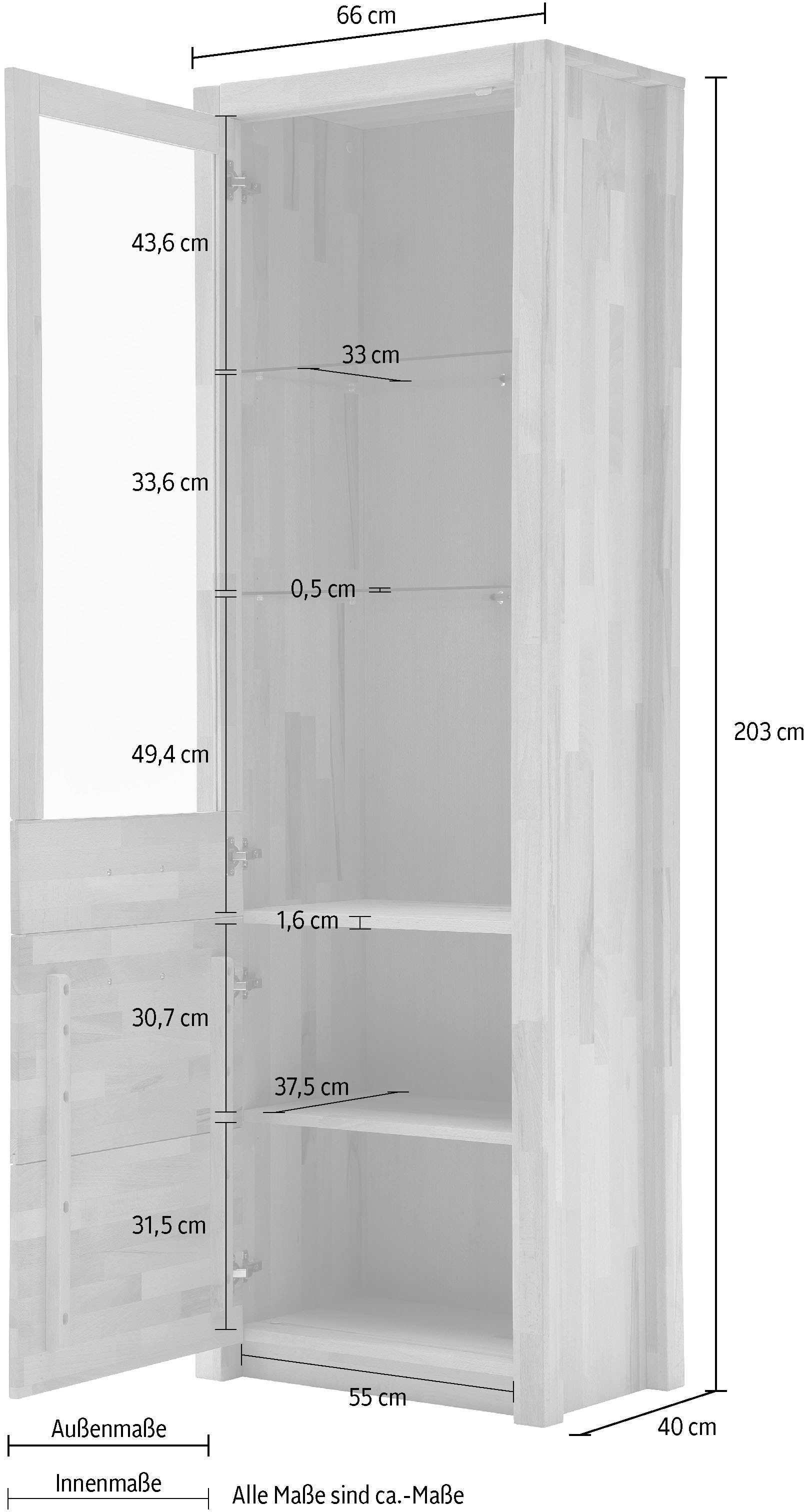 MCA living Vitrine »Fenja Standvitrine, Glasvitrine, Stauraumvitrine, Hochschrank«, (1 St.), Massivholz,Kernbuche,Metallgriffe,1 Holztür,1 Glastür, Breite 66 cm