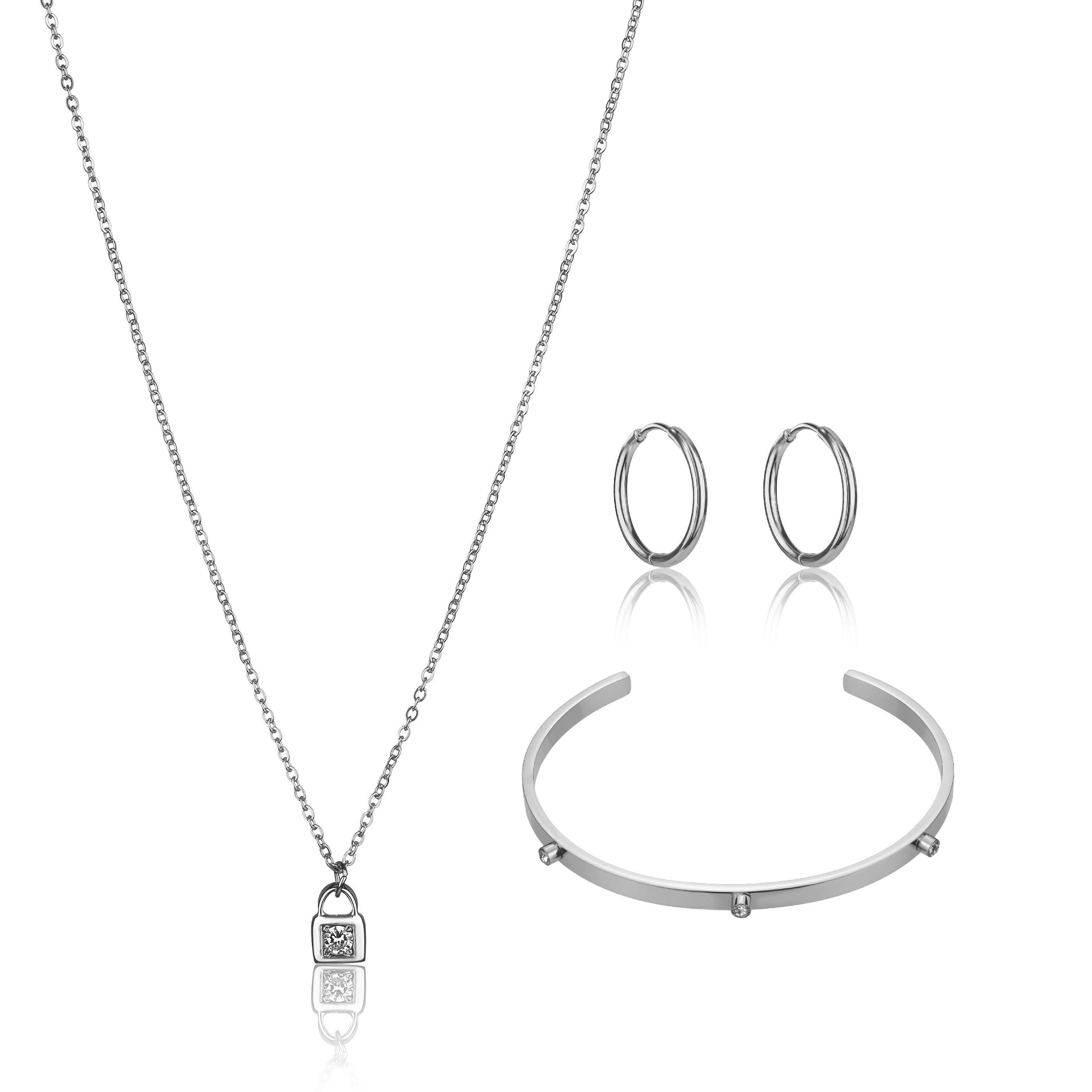 Ohrring und Ketten Set MARC LAUDER "MS011S", silber, Schmuck_Sets, Damen, 44-55cm/Inner diameter 6cm, Edelstahl, 44-55cm/Inner diameter 6 cm