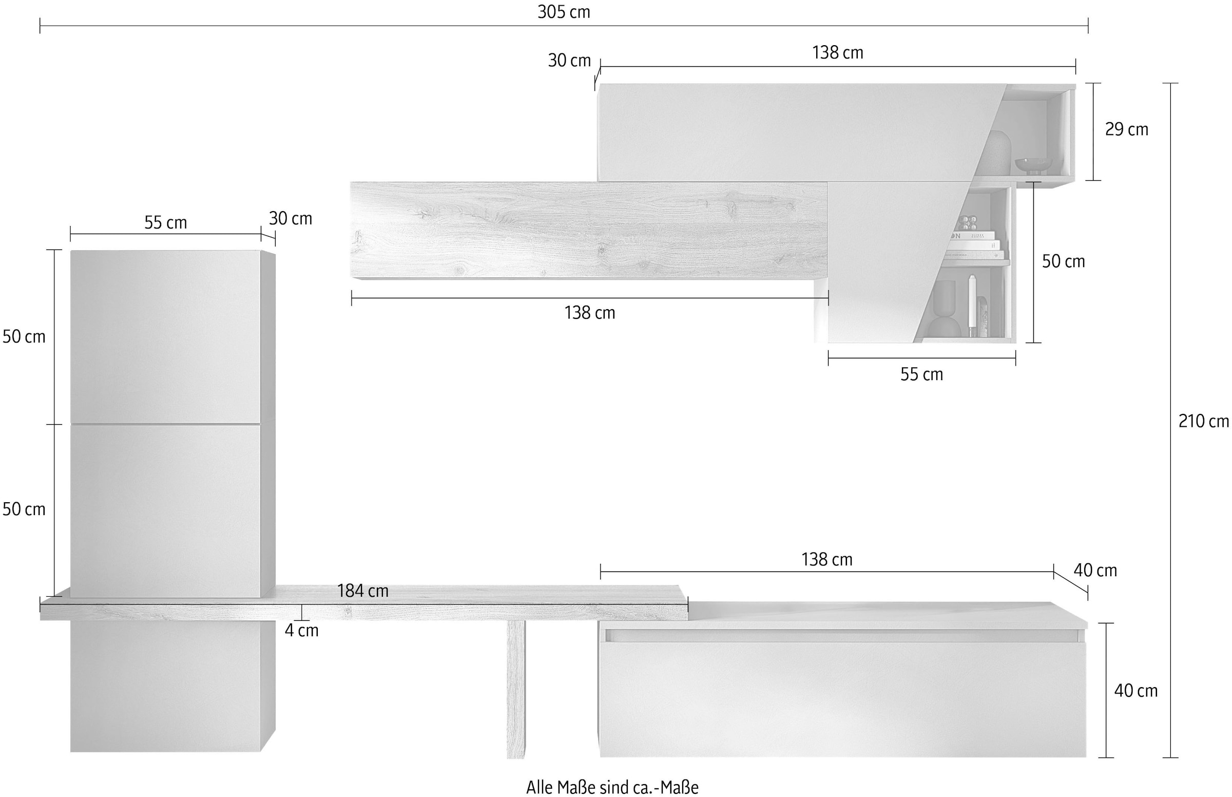 INOSIGN Wohnwand »INFINITY, 8tlg. Breite 305 cm, moderne Mediawand (Lowboard,«, (8 St.), T-Boden, 3x Hängewürfel, Würfel-Element, 2x Hängeschrank)