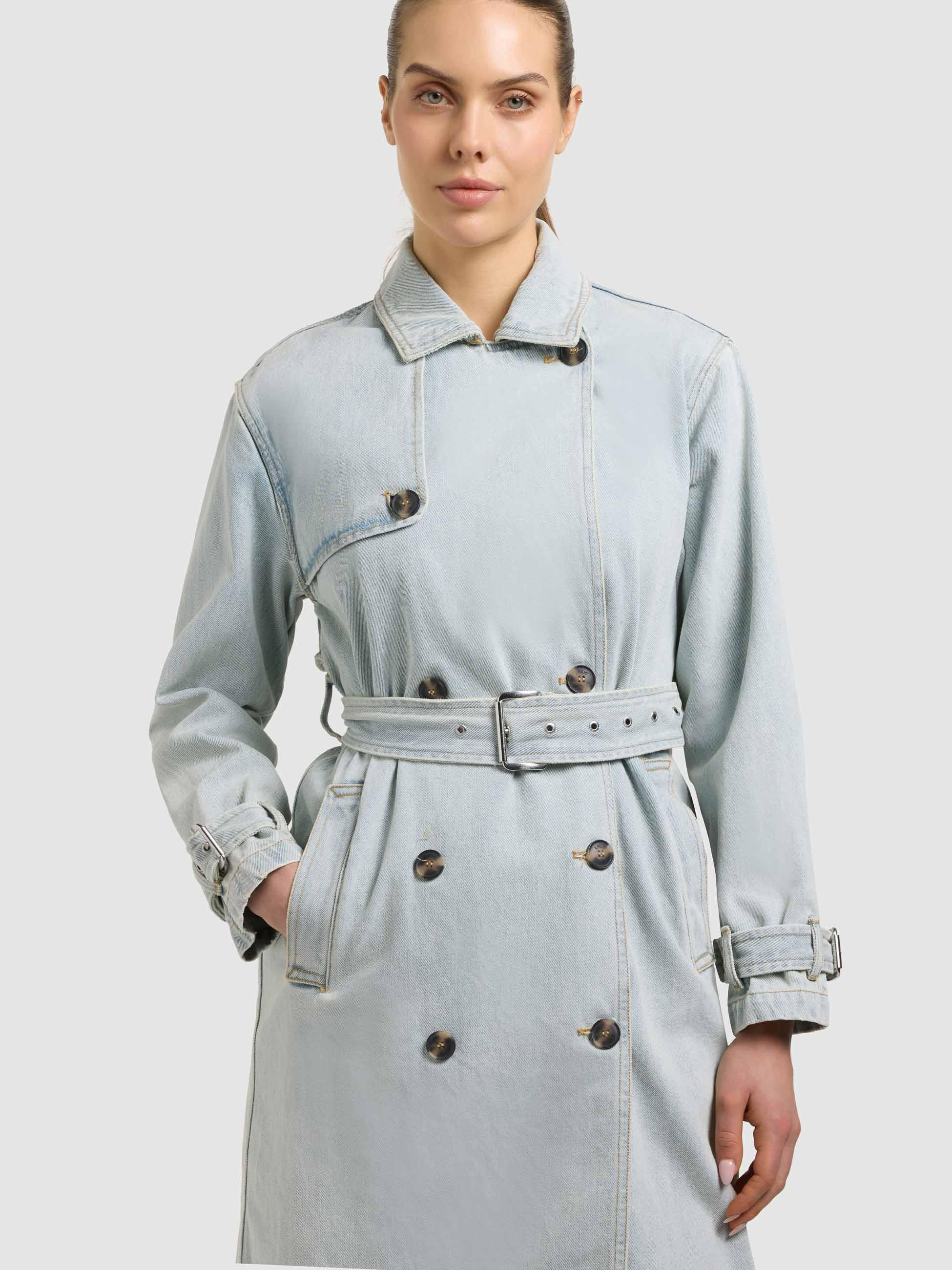 Langmantel KHUJO "Hera", Damen, Gr. XS (34), bleached blau, Obermaterial: 100% Baumwolle; Futter: 100% Polyester, tailliert kniebedeckend, V-Ausschnitt, Ärmel ohne Ärmelschlitz abgesteppte Kante, Mäntel, Trenchcoat aus Jeans 3