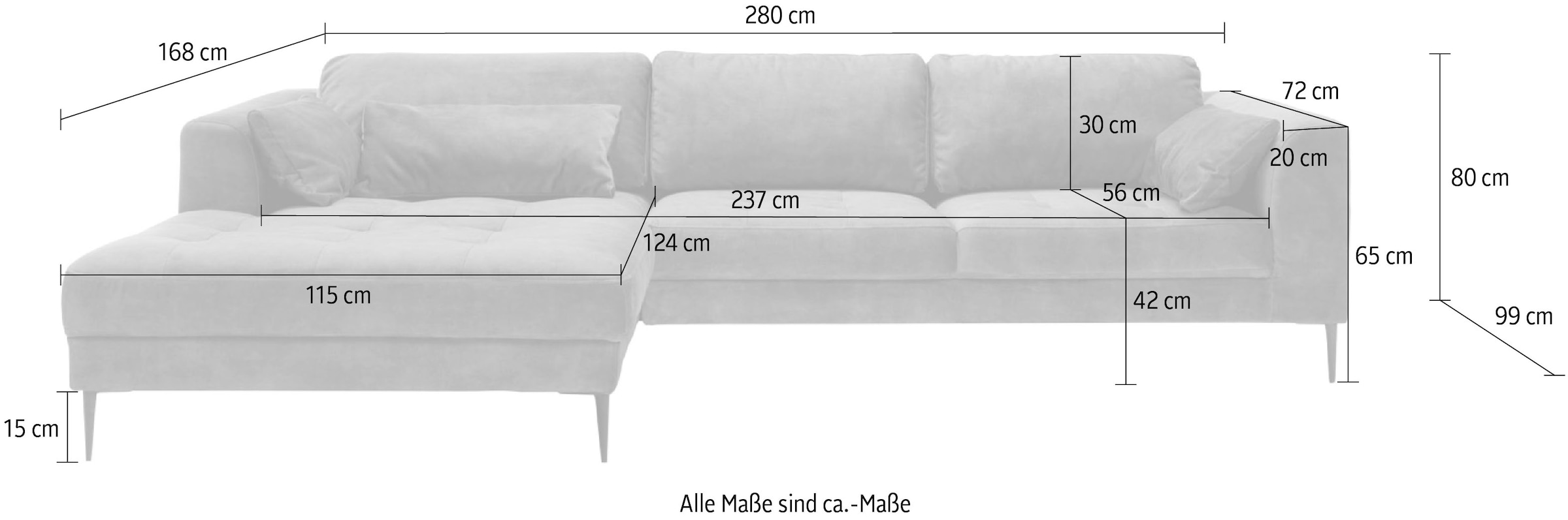 TRENDMANUFAKTUR Ecksofa »Luzi, wahlweise mit Schlaffunktion und Bettkasten bestellbar, L-Form«, Designsofa mit tollem Sitzkomfort, Metallfüße schwarz, Breite 280 cm