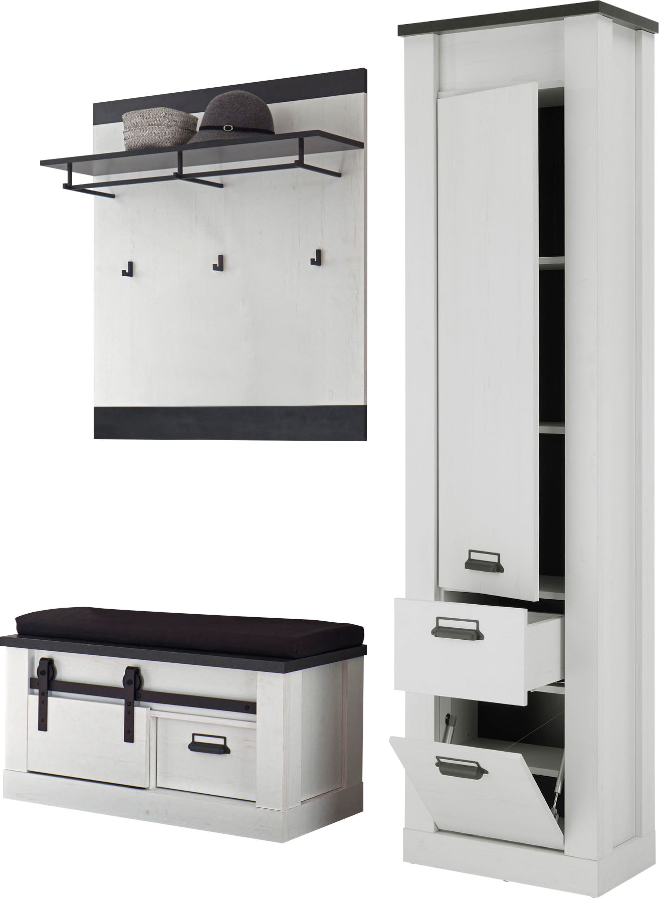 Home affaire Garderoben-Set "Sherwood, Garderobe im Industrial-Style, Komplettset mit viel Stauraum" 3 Stk. tlg.