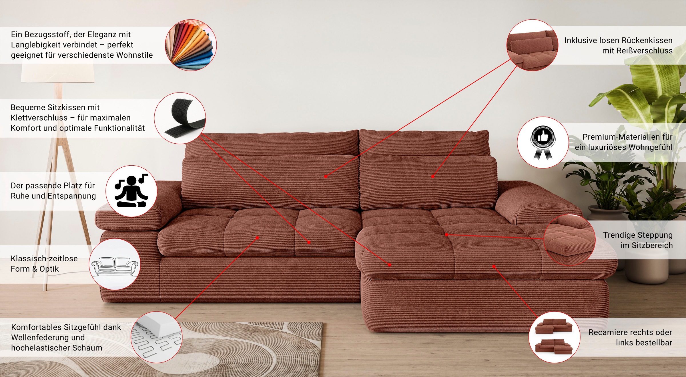 Home affaire Ecksofa »ALVERIE mit Recamiere, moderne Steppung, Maße: B/T/H 274/203/106 cm« L-Form mit Wellenunterfederung, mit 4 Rückenkissen, pflegeleicht Stoff