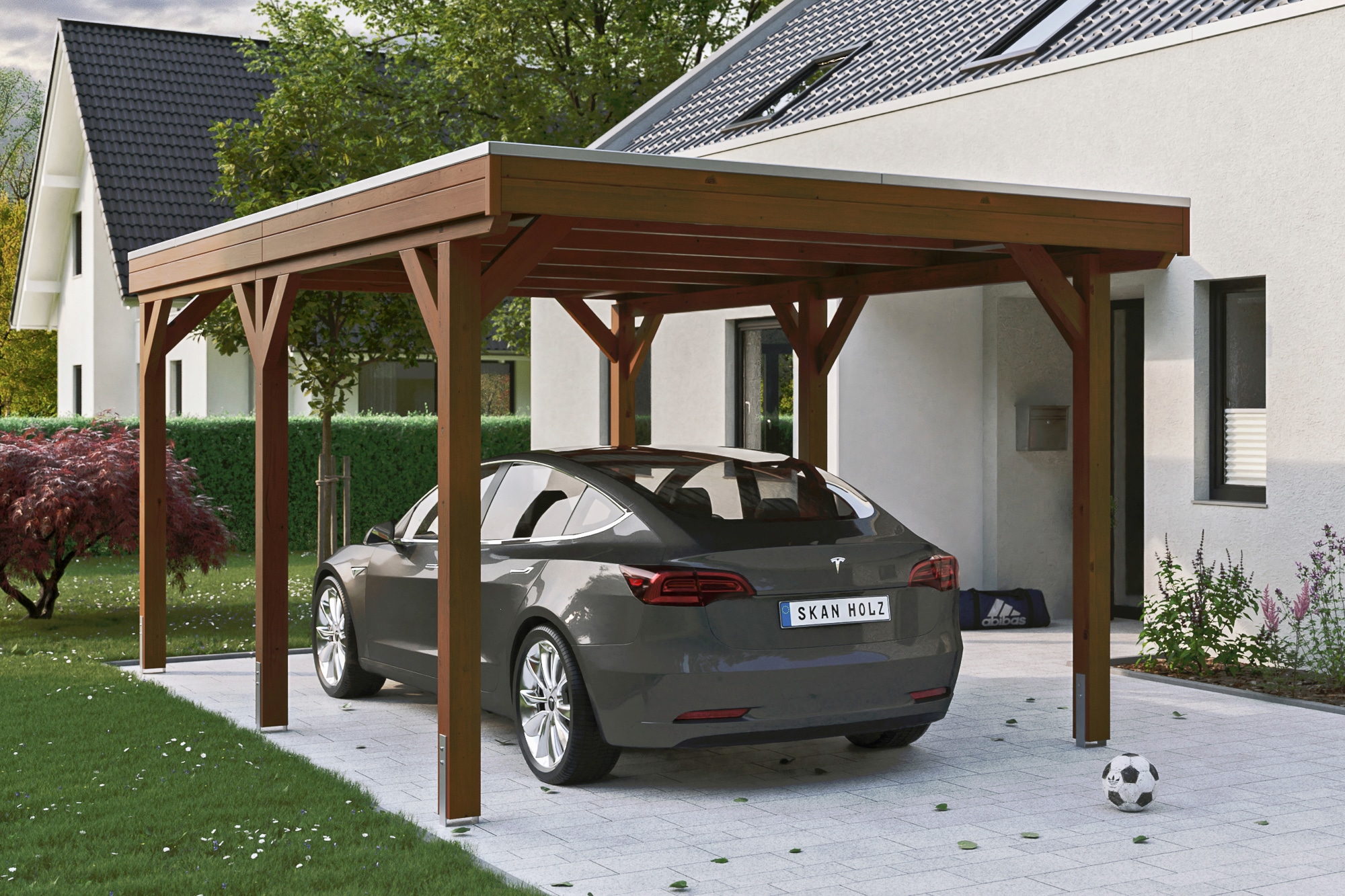 Skanholz Einzelcarport "Grunewald" Leimholz braun mit EPDM-Dach