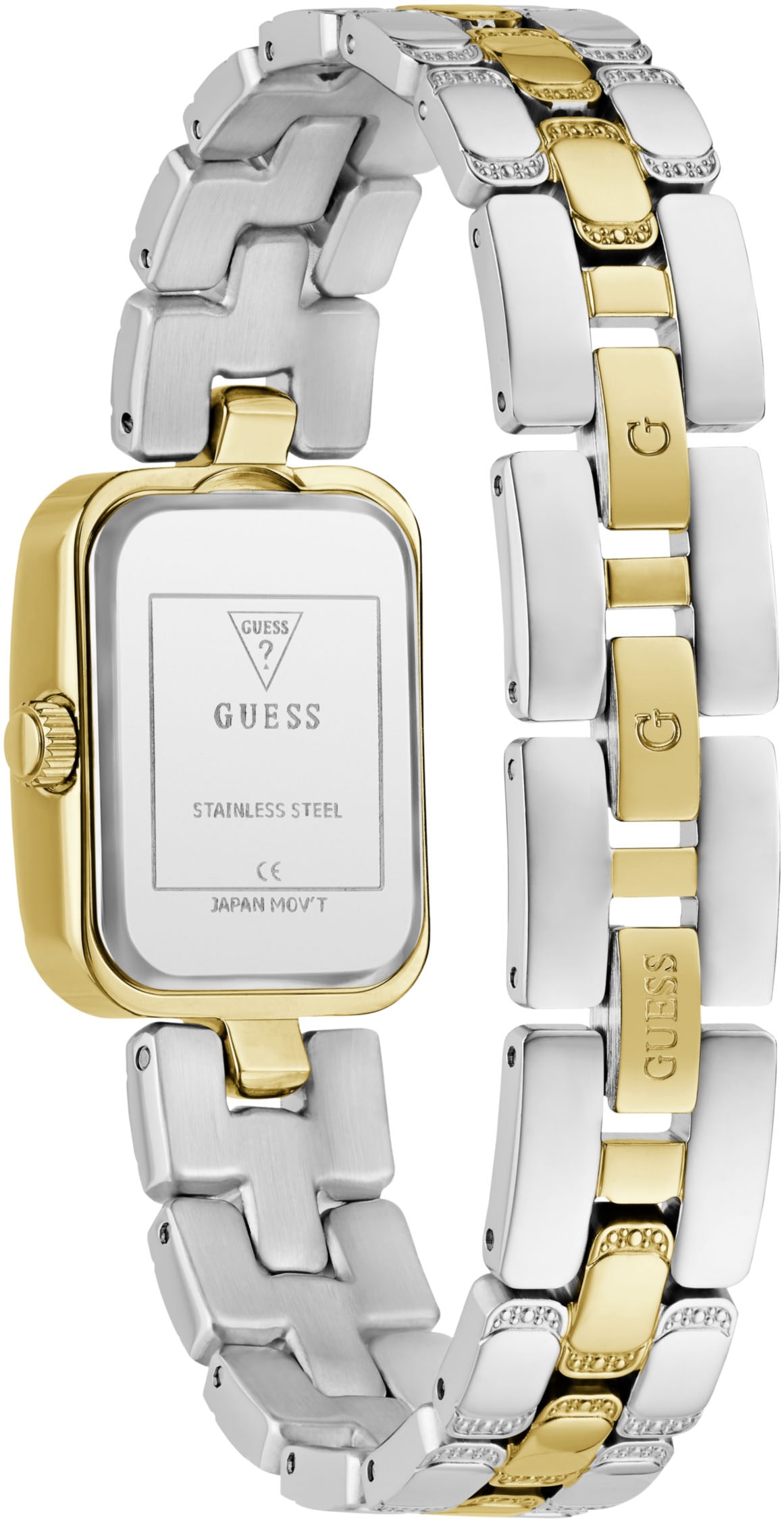 Guess Quarzuhr »ISLA«, Armbanduhr, Damenuhr, Edelstahlarmband, analog, Kristallsteine