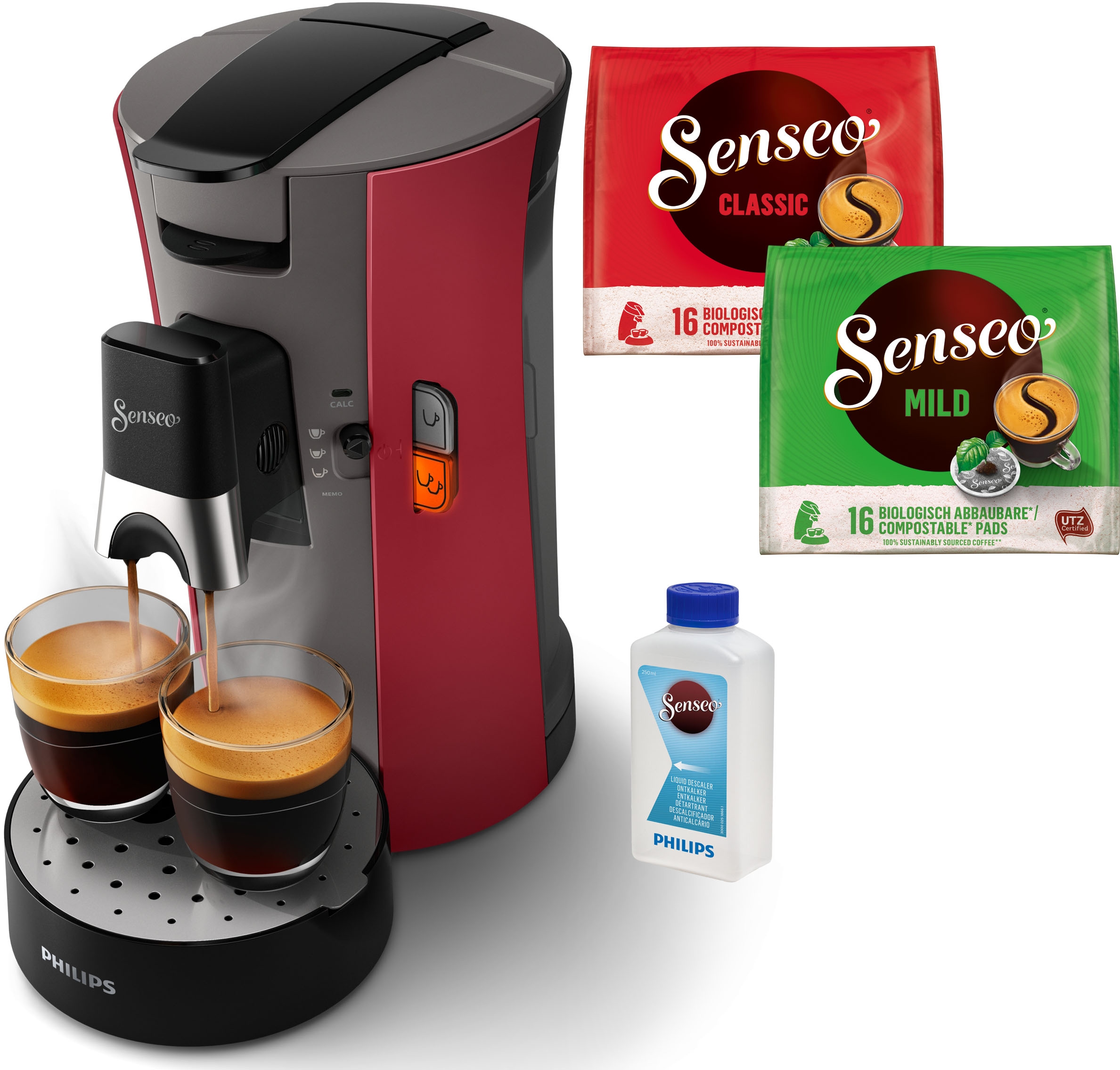 aus Philips BAUR mit dunkelrot Plastik 21% | recyceltem 3 »Select Senseo und Kaffeespezialitäten, Kaffeepadmaschine CSA240/90«,