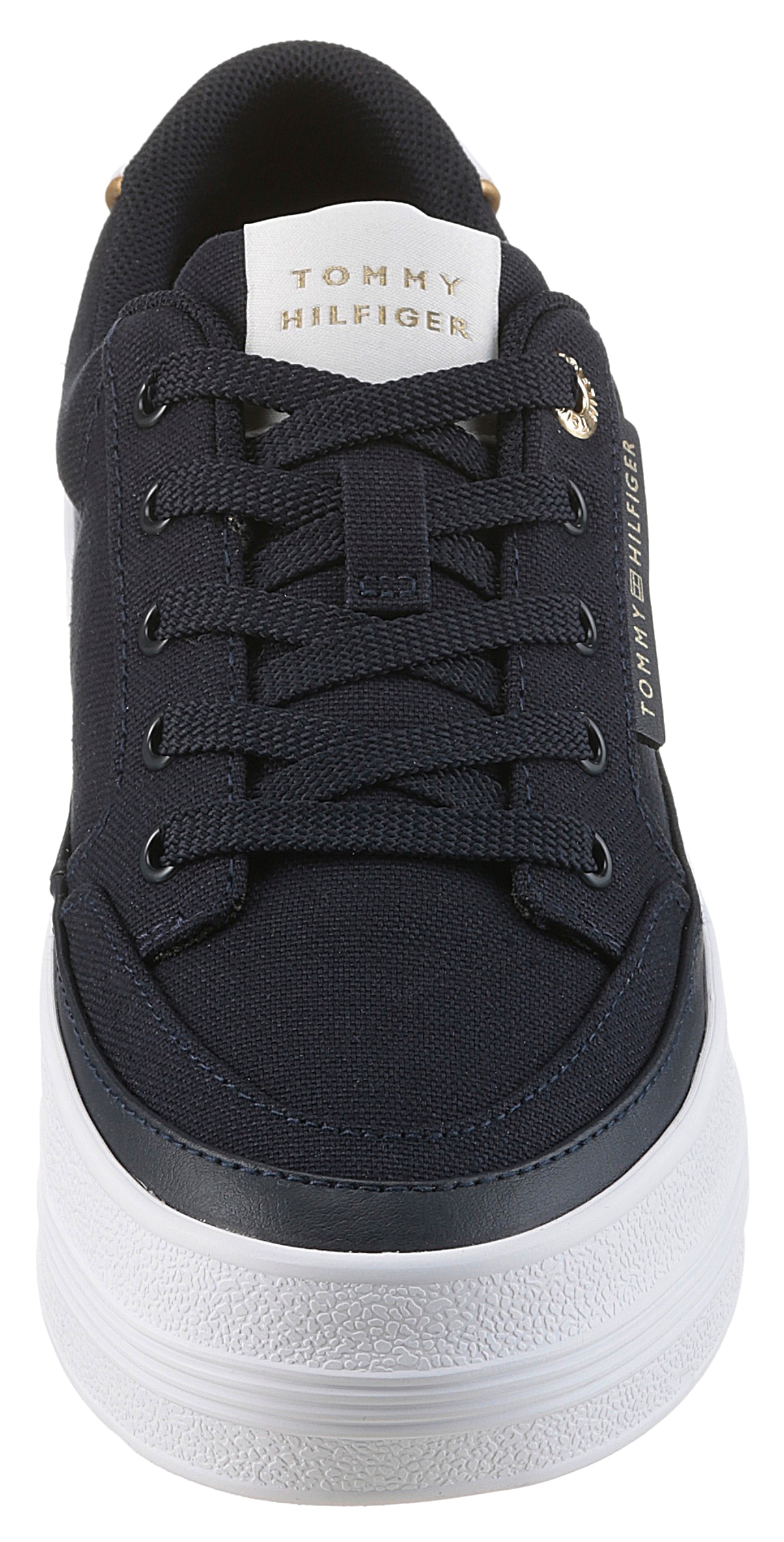 Tommy Hilfiger Plateausneaker »ESSENTIAL VULC TEXTILE SNEAKER«, Freizeitschuh, Halbschuh, Schnürschuh mit goldfarbenen Details