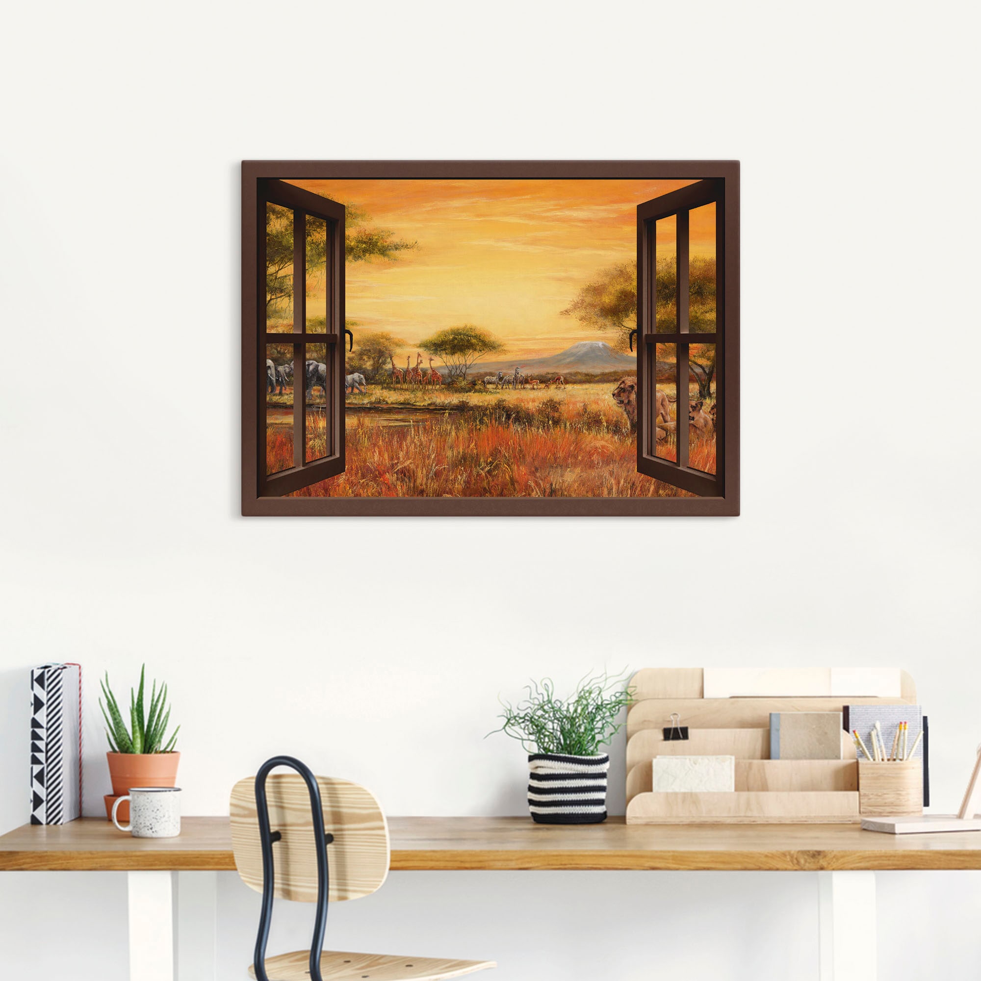 Artland Wandbild »Fensterblick Afrikanische Steppe Löwen«, Fensterblick, (1 St.), als Leinwandbild, Wandaufkleber in verschied. Größen