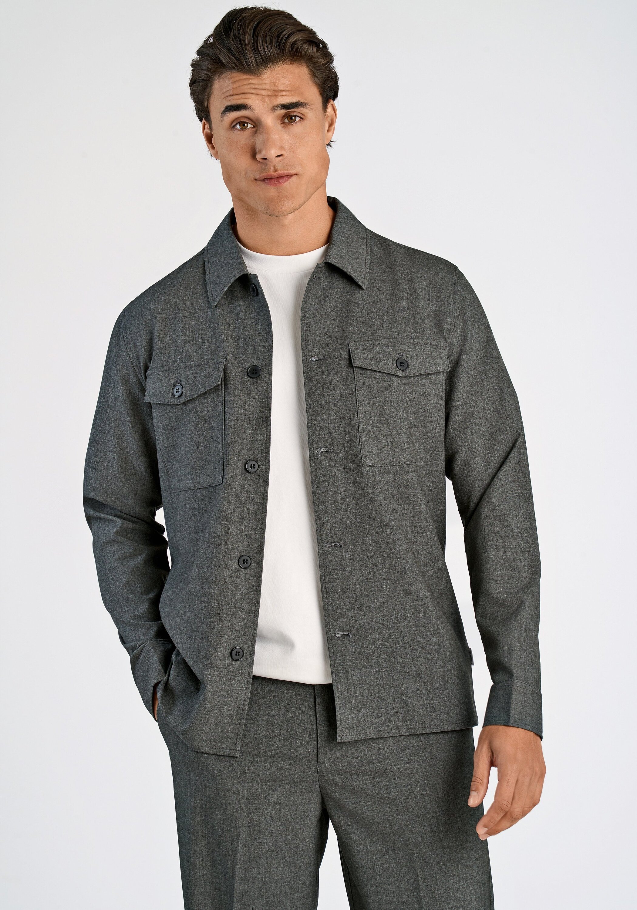 Outdoorhemd LINDBERGH "Hemdjacke Relaxed Fit", Herren, Gr. S, Normalgrößen, grau mix, Obermaterial: 65% Polyester, 31% Viskose, 4% Elasthan, Hemden