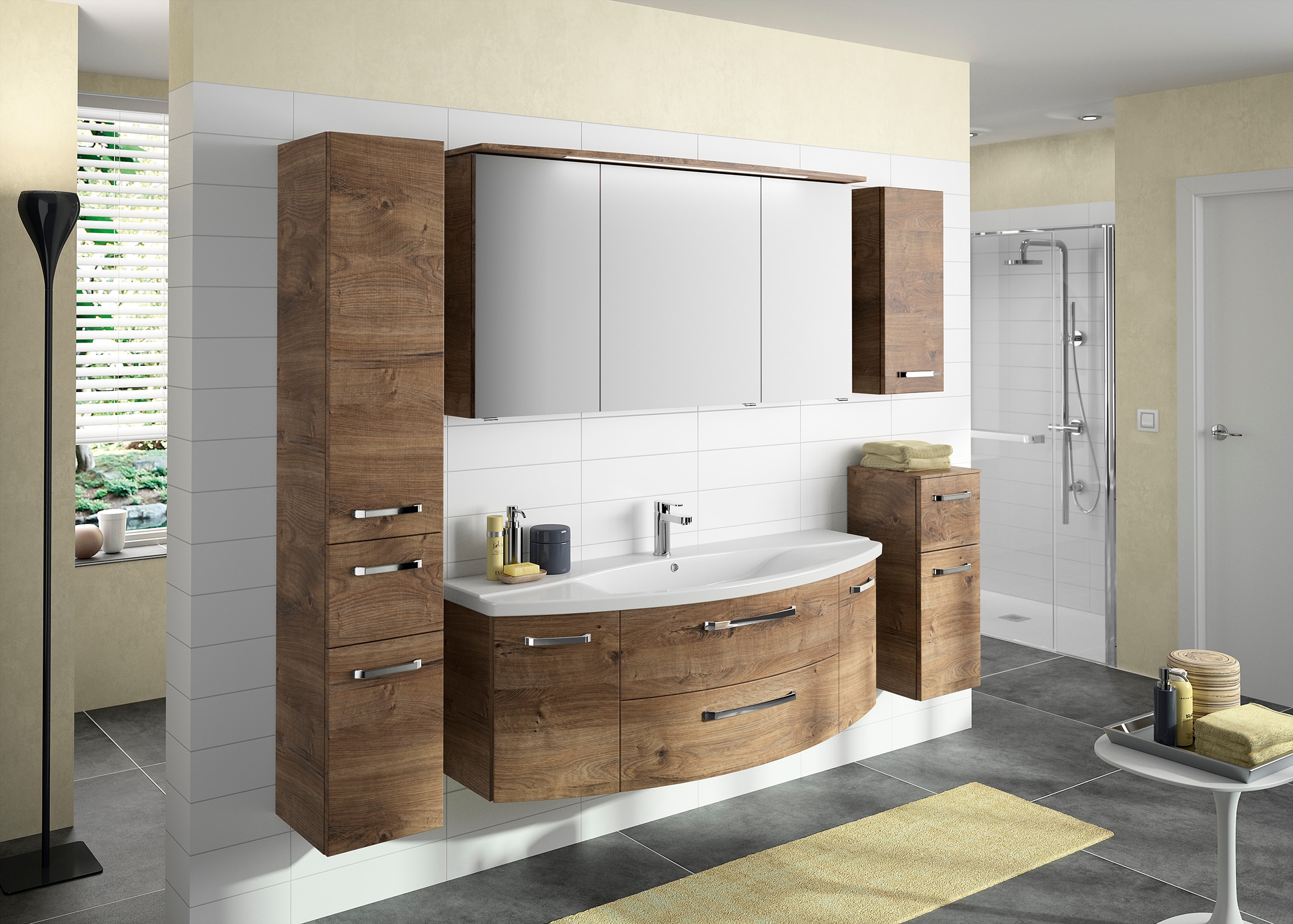 Saphir Badmöbel-Set »Serie 4010 2-teilig Keramik-Waschtisch mit LED-Spiegelschrank«, (Set), Badezimmer Set 144 cm breit, inkl. Türdämpfer, 5 Türen, 2 Schubladen