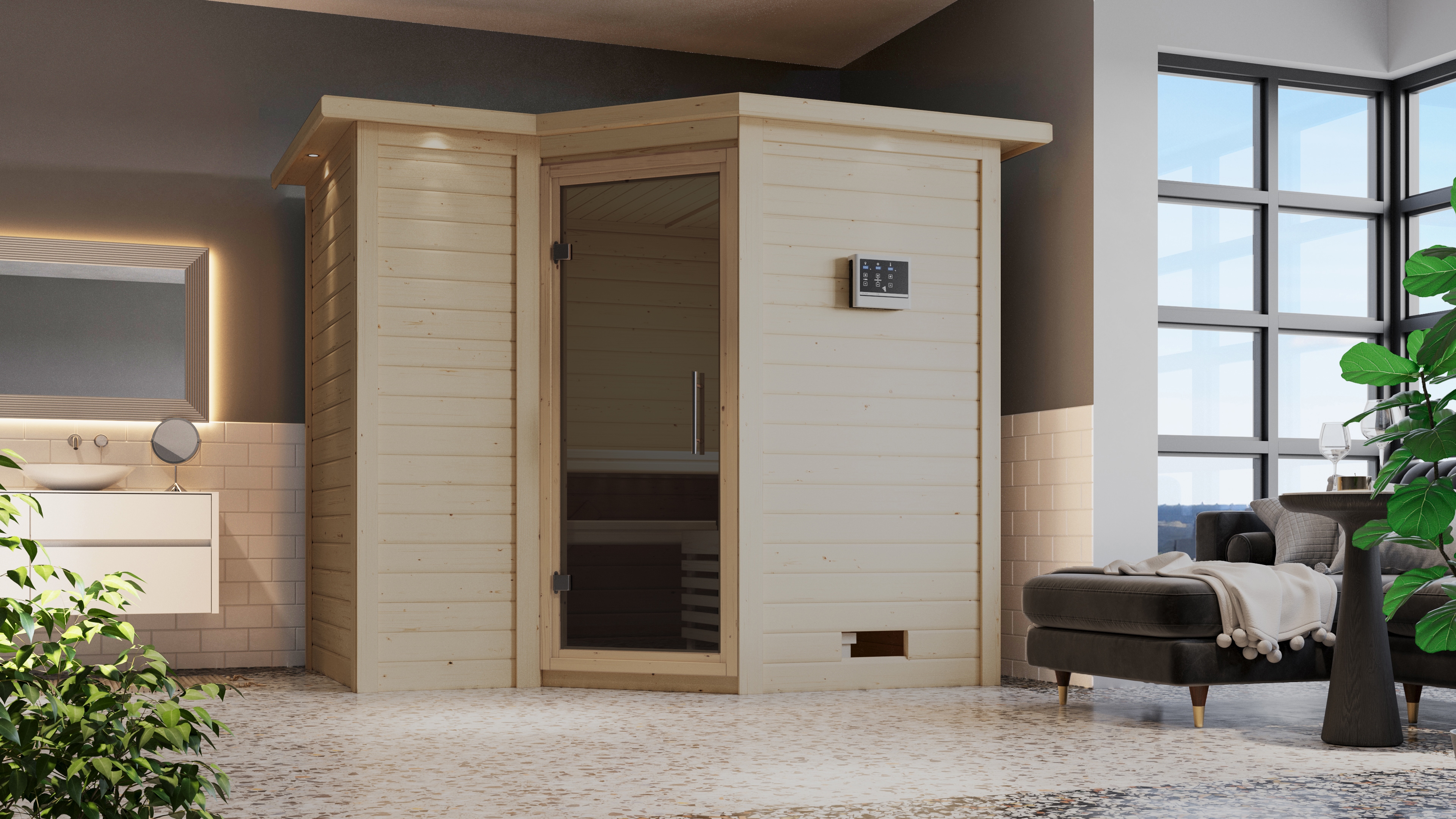 Karibu Sauna "Sanna 2" Set, Ofen 9 kW integr. Strg