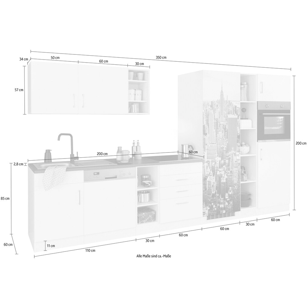 HELD MÖBEL Küchenzeile »Paris«, ohne E-Geräte, Breite 350 cm