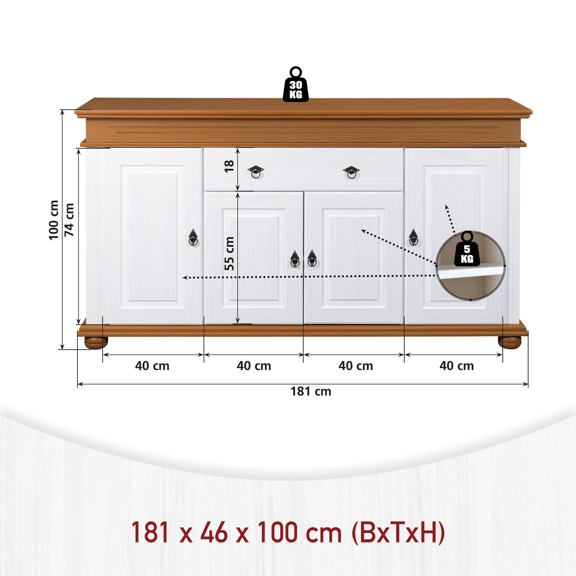 Inter Link Sideboard »Halmaro, Kiefer Massivholz, Soft-close, 181 x 46 x 100 cm, Stauraum« 1 Stk. tlg. Kommode in Weiss, Braun/Oak, Landhausstil, 4 Türen, 1 Schublade