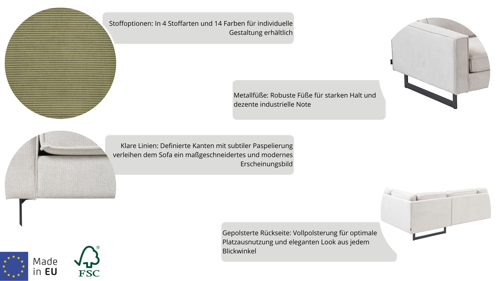 Places of Style 3-Sitzer »Pinto«, Maxi-Ausführung, mit Keder und Metallfüßen, auch mit Cord Bezug