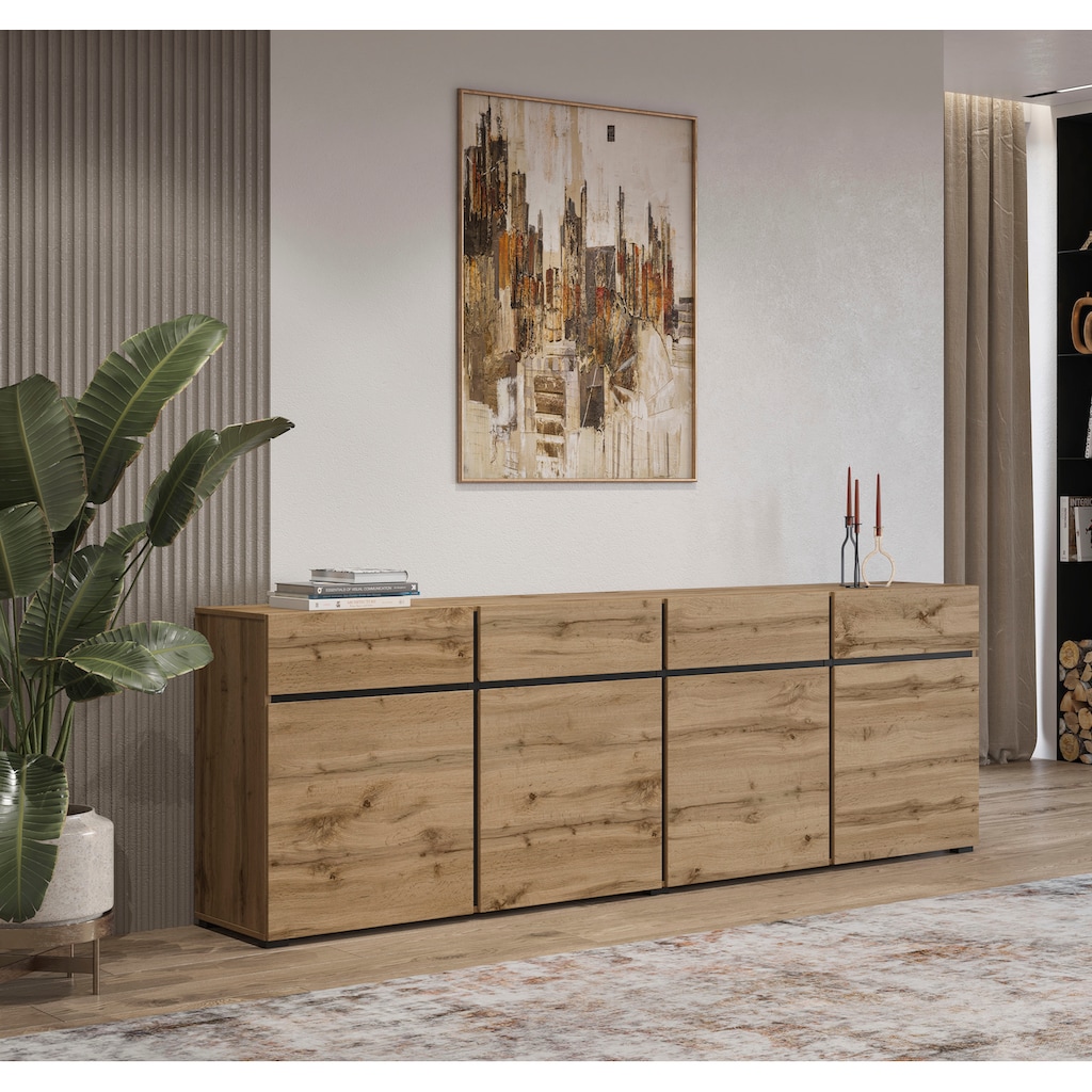 INOSIGN Sideboard »Cross,Breite 225 cm, moderne grifflose Kommode,4 Türen/4 Schubkästen«, Schubladenschrank mit viel Stauraum, Einlegeböden verstellbar