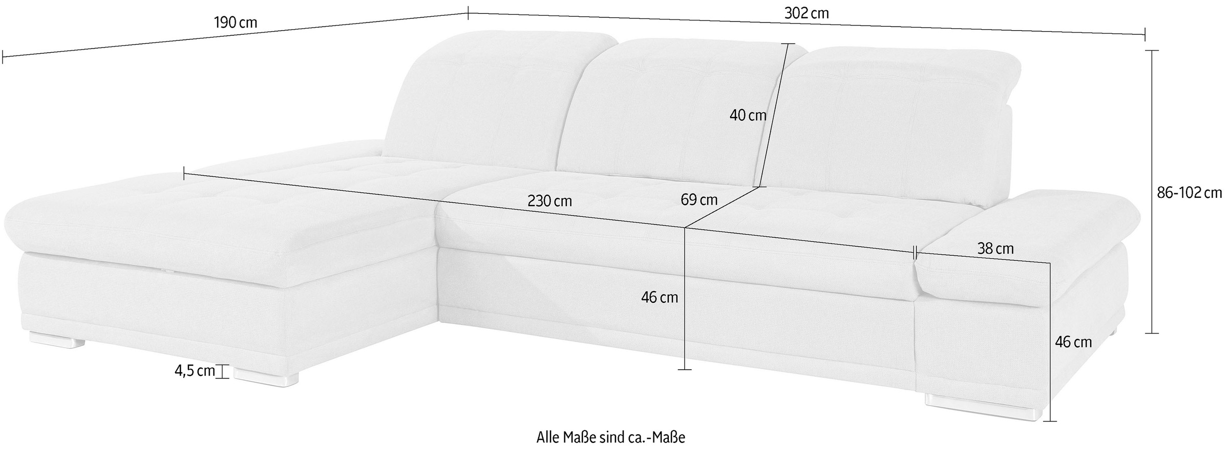 COTTA Ecksofa »Holiday L-Form mit Sitztiefen-, Armteil- und Kopfteilverstellung«, wahlweise mit Bettfunktion & Bettkasten