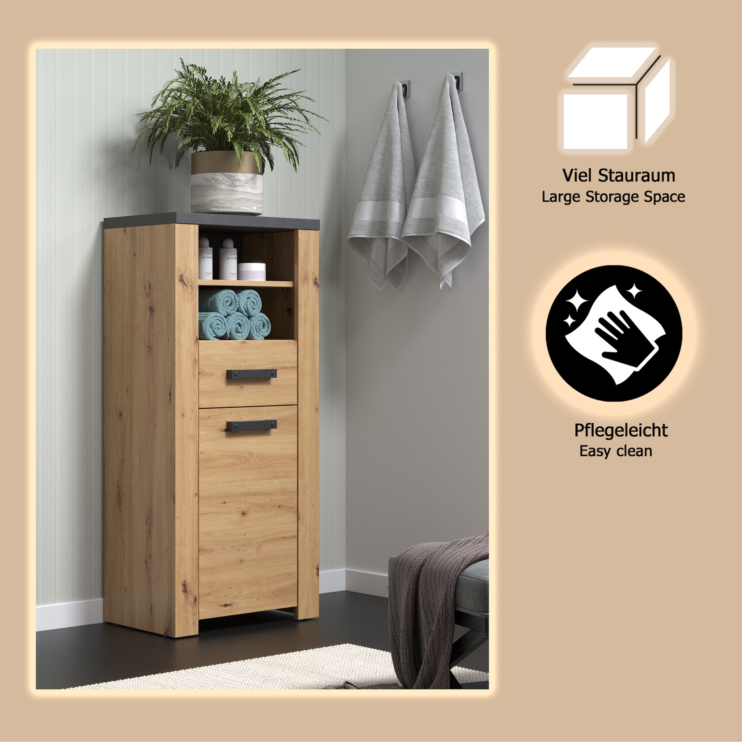 welltime Midischrank »Ambres«, (1 St.), Badschrank in matter Echtholzoptik - Maße (B/T/H) 53/35/118 cm