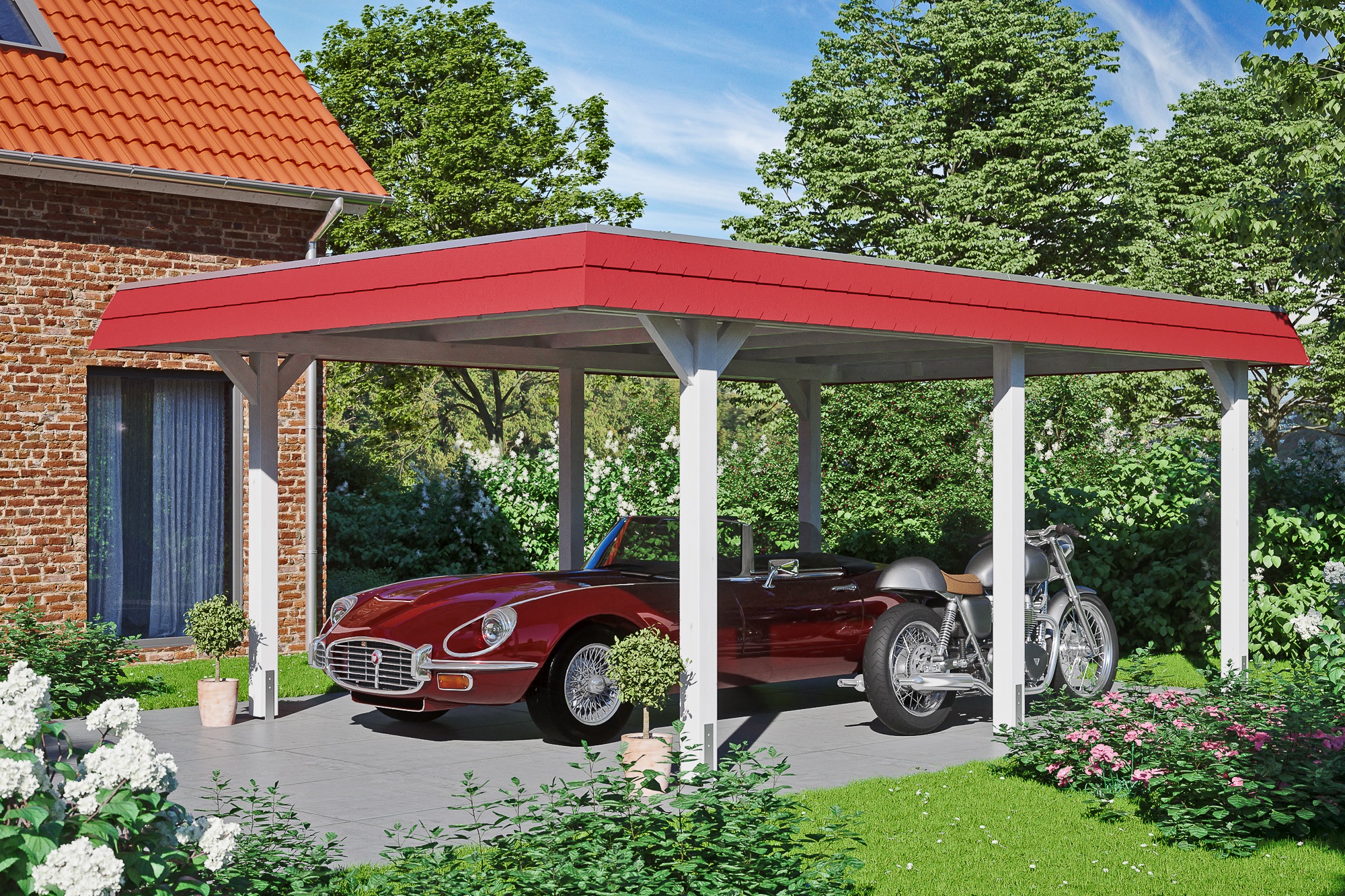 Skanholz Einzelcarport »Wendland«, 341 cm, Weiß, mit Aluminiumdach, rote Blende