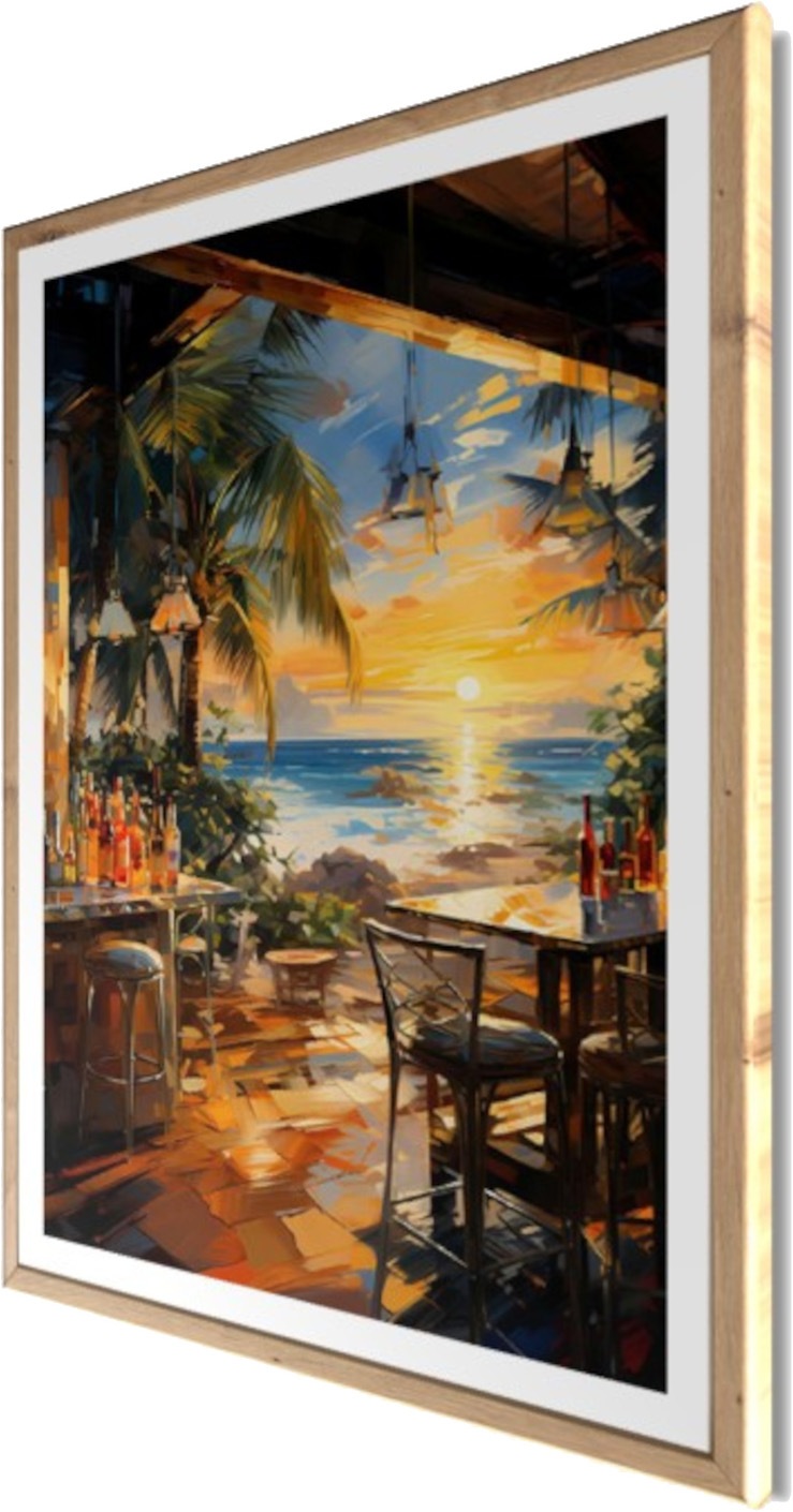 Bönninghoff Bild mit Rahmen »Wandbild gerahmt STRANDBAR 50x70 cm – Sommerliches Küstenmotiv mit« Abstrakt | Abstrakte | Bar & Lounges | Cocktail | Getränke | Palmen | Sonnenuntergang | Strand | Strandbilder 1 Stk. tlg. mit dekorativem Rahmen