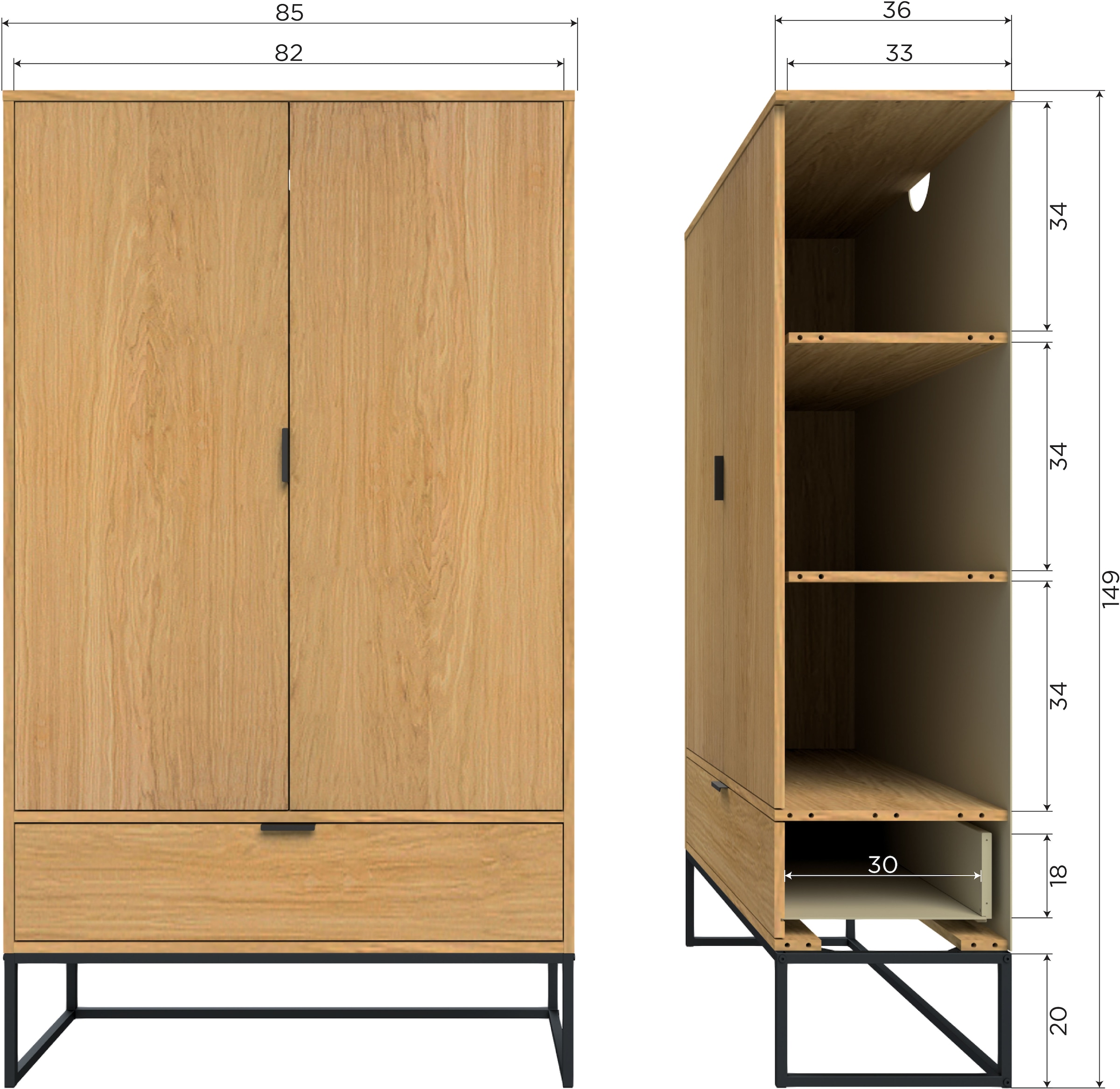 WOOOD Mehrzweckschrank »Silas« Silas Schrank aus Eichenmelamin auf Metall, 2 Türen und viel Stauraum