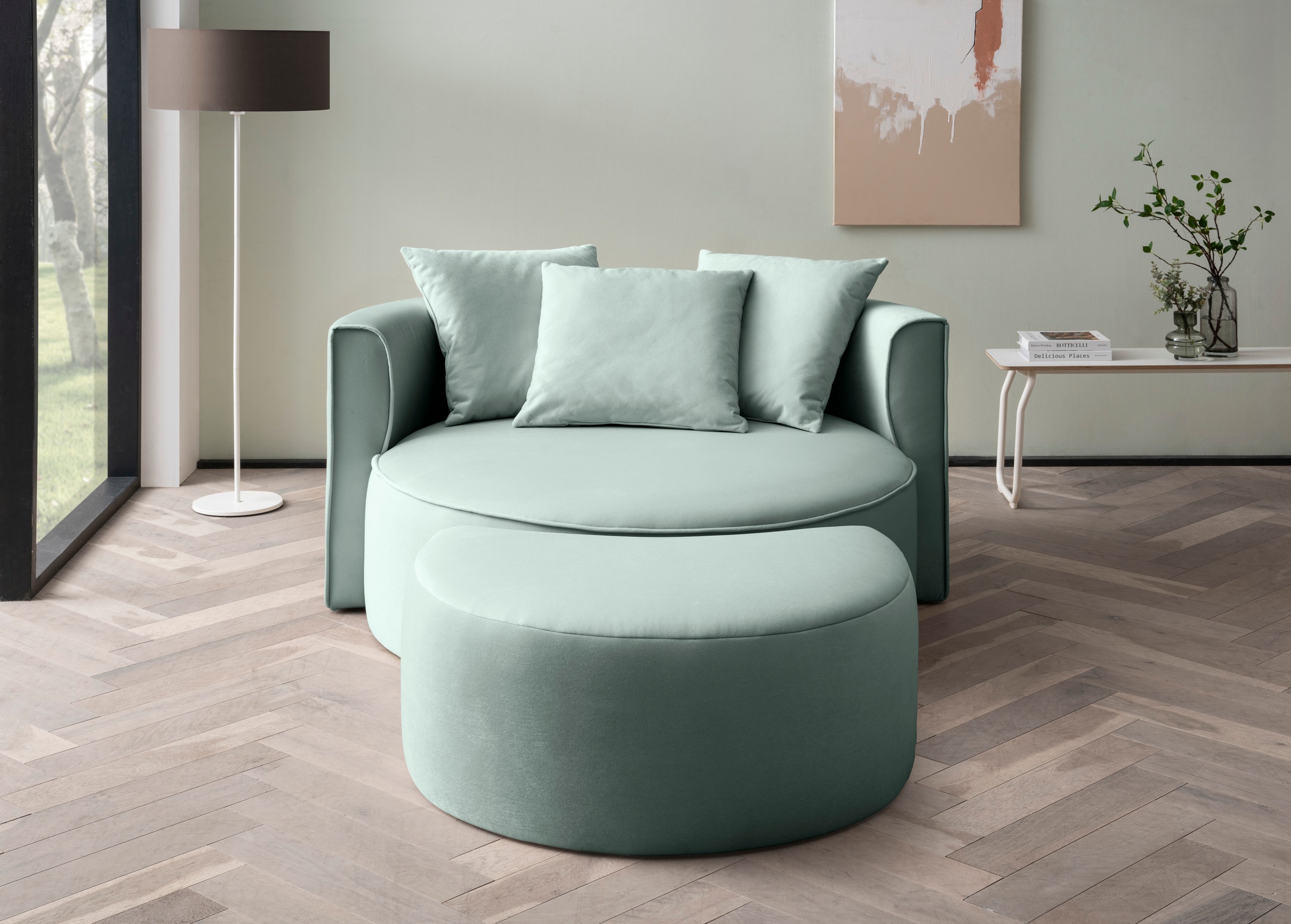 LeGer Home by Lena Gercke XXL-Sessel »Isalie, Rundsessel mit Hocker, Lesesessel, Loveseat, Big-Sessel«, (Set), trendige Stoffe, mit 3 Zierkissen, große Sitzfläche