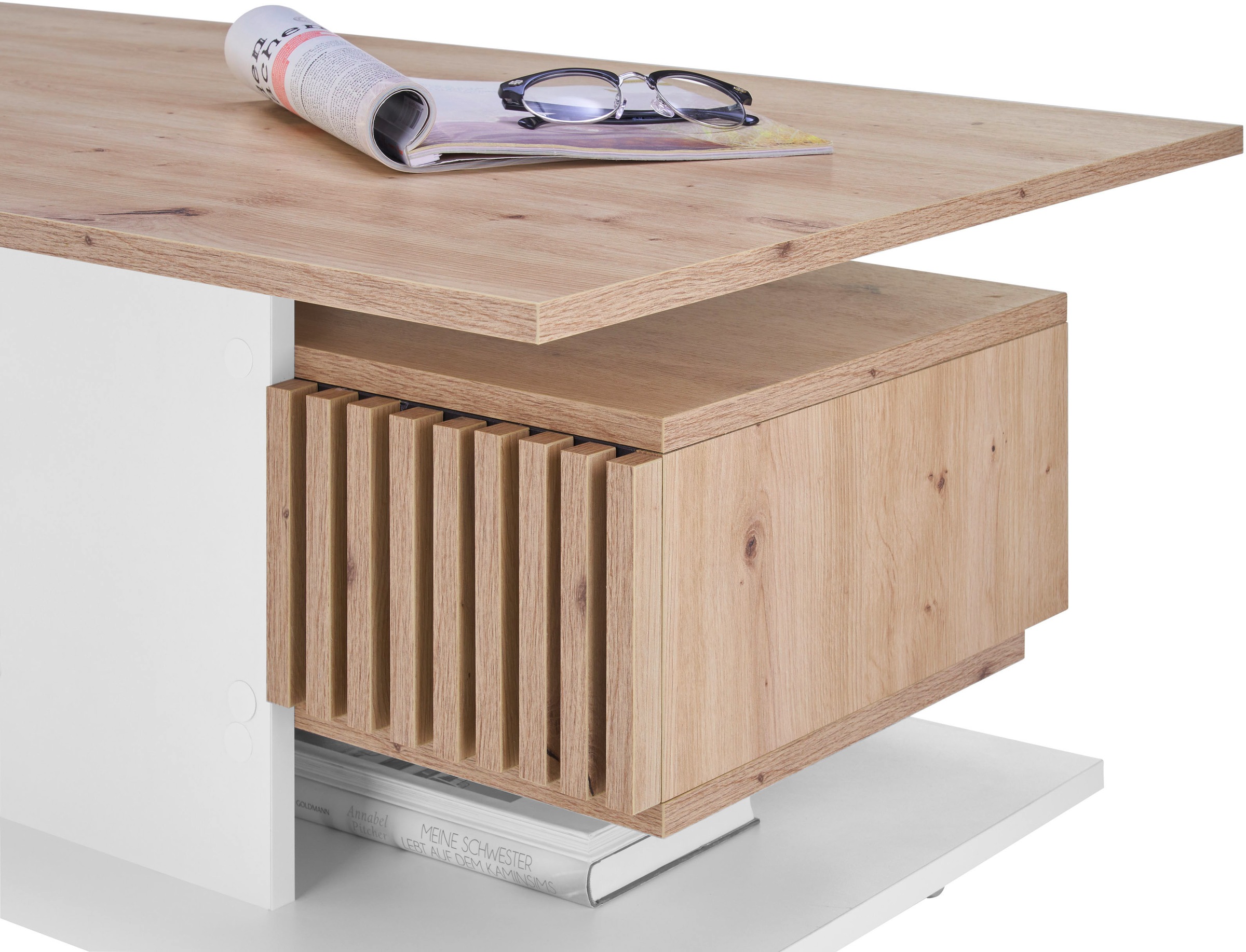 Stolkom Couchtisch »Ally Wohnzimmertisch rollbar Weiß, Artisan Dekor, BxHxT 110x44,5x60 cm«, Schubladenfront mit Lamellen-Optik, Couchtisch rollbar
