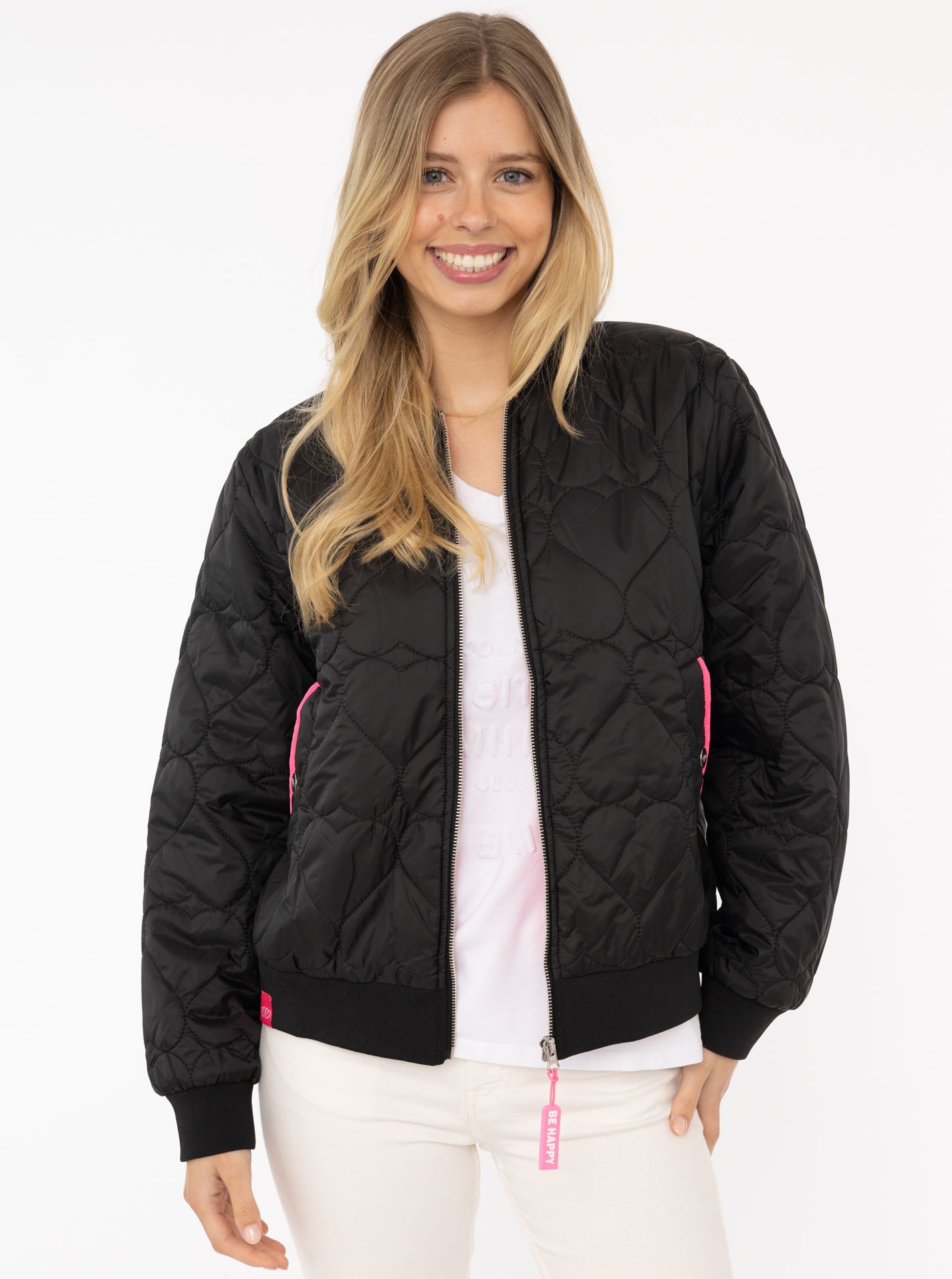 Zwillingsherz Bomberjacke ""Be Happy"" ohne Kapuze modisch, Kontrastdetails günstig online kaufen