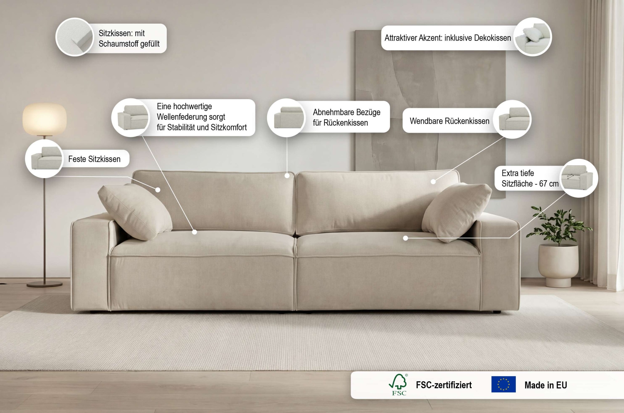 OTTO home 3-Sitzer »Mittel« Breite 245 cm, bodentief, extra Kissen inkl., tiefe Sitzfläche