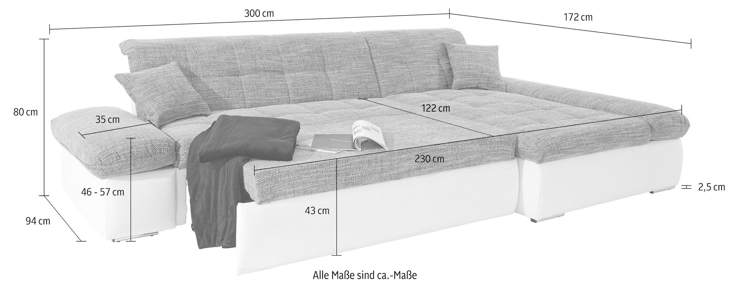 DOMO collection Ecksofa »Moric, L-Form, XXL-Sofa - Breite 300cm«, wahlweise mit Bettfunktion und Armteilverstellung, schwarz-weiß-grau
