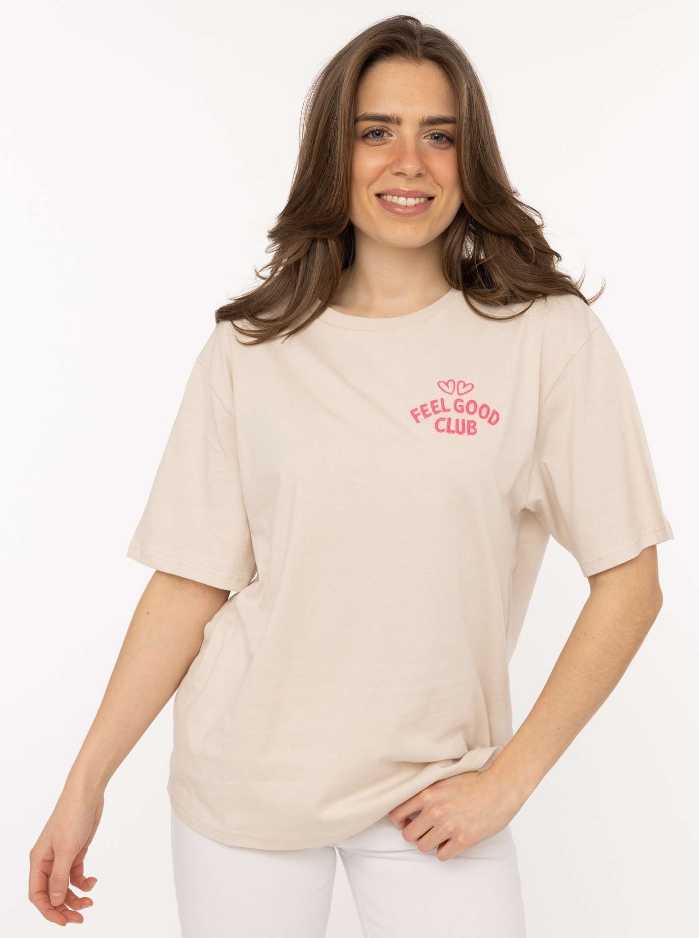 Zwillingsherz T-Shirt ""Feel Good Club"" Rundhals, einfarbig, kleine Stickerei vorne