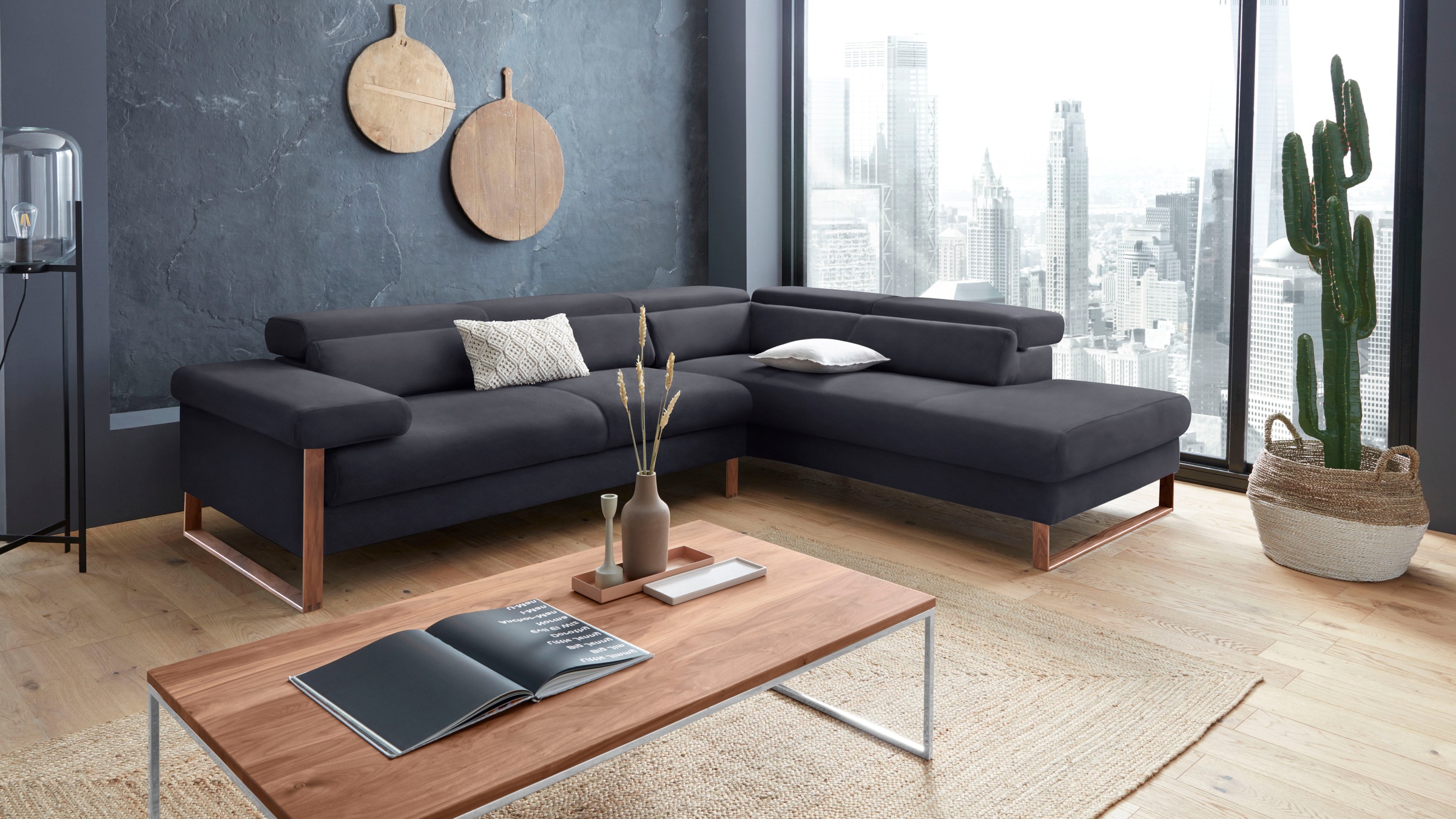W.SCHILLIG Ecksofa "finn, Designsofa mit tollem Sitzkomfort, bequem, L-Form" German Design Award 2016, Fußgestell Nussbaum natur, Breite 281 cm