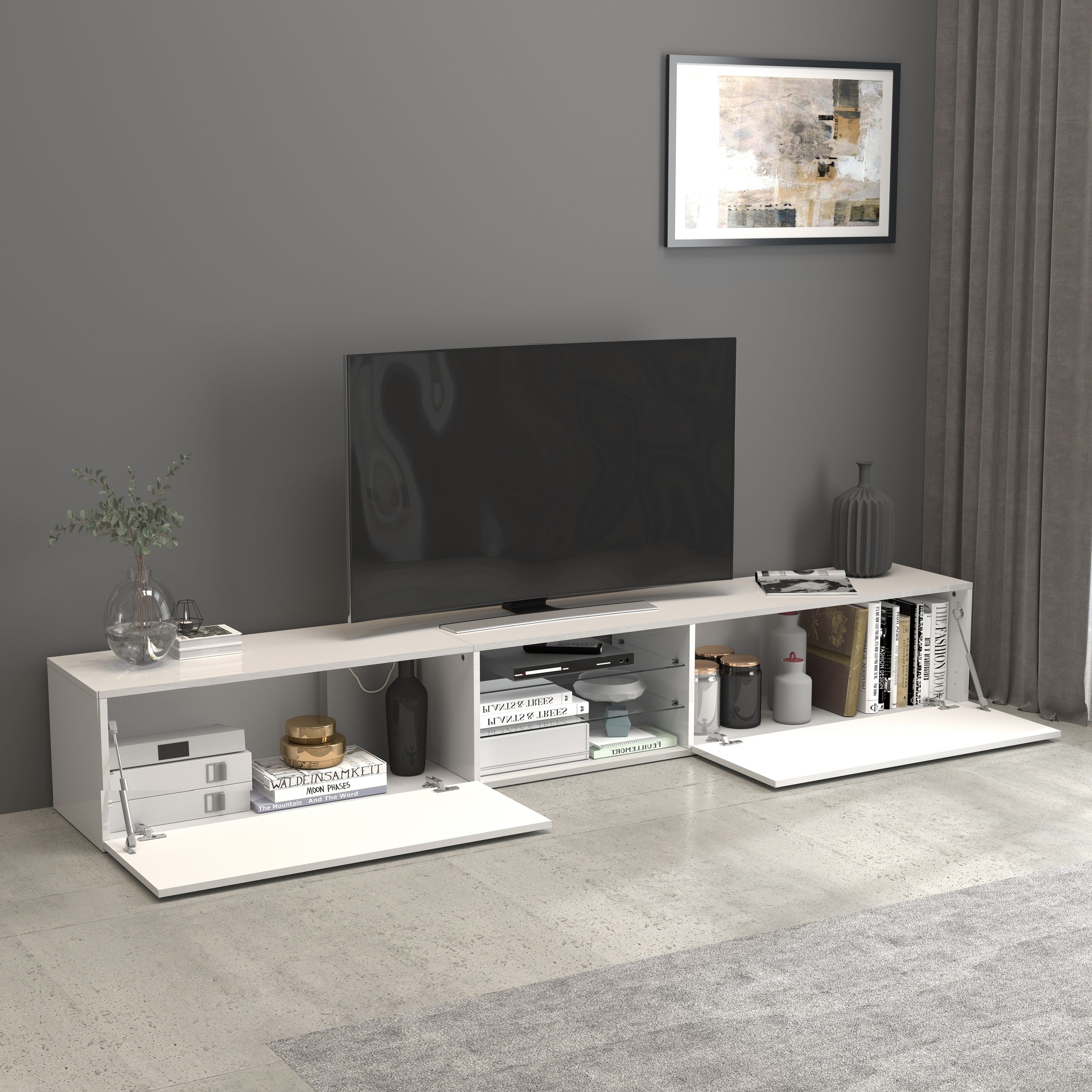 INOSIGN Lowboard »Egypt,Lowboard,TV-Kommode,TV-Möbel,TV-Bank«, mit 2 Klappen, 2 Glasböden,kompl. Hochgl. lackiert (B/T/H)240x38x35 cm
