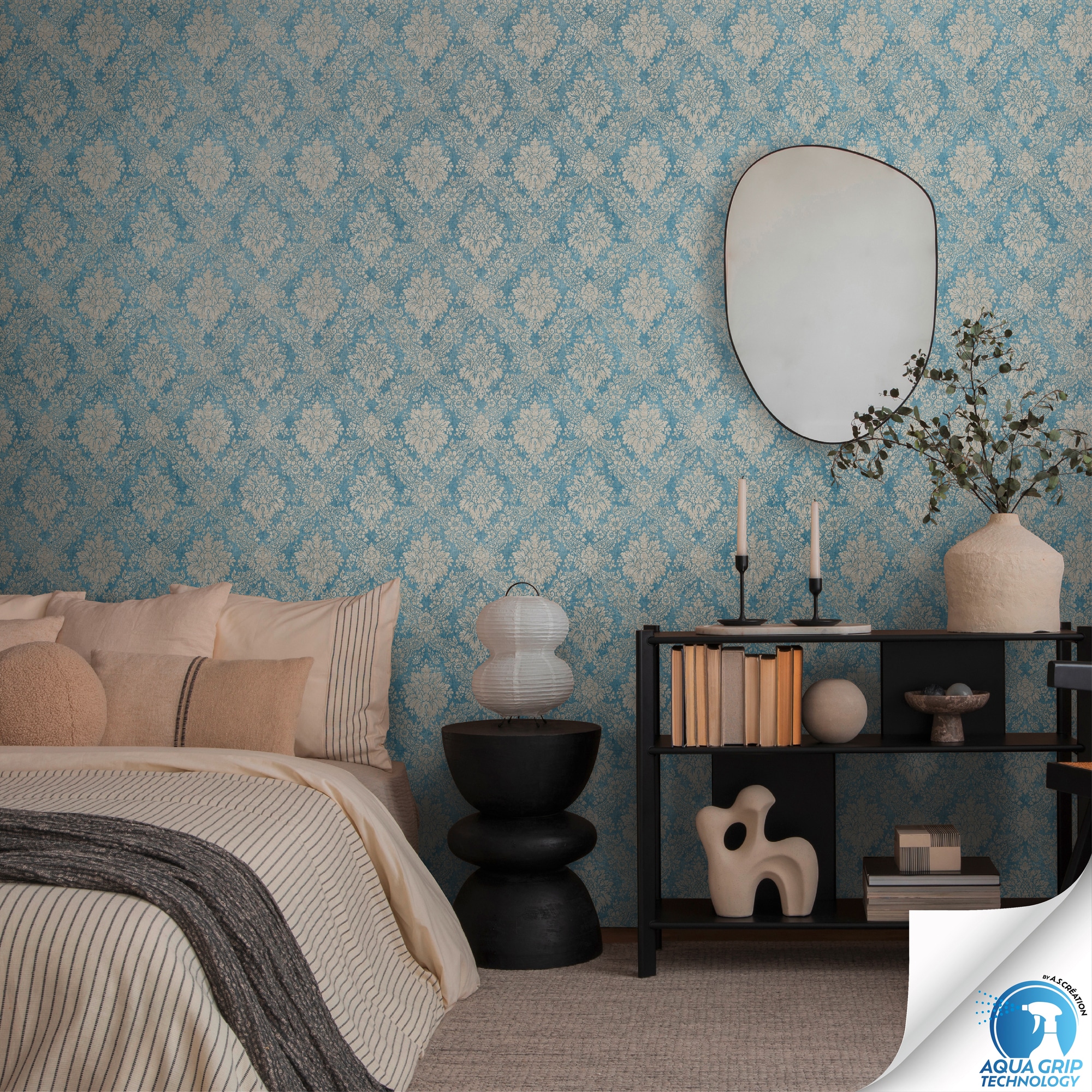 living walls Vliestapete "DesignDrop vorgeleimte Tapete Barock Mustertapete Blau Braun" matt strukturiert Vliestapete vorgekleistert Ornamente für Schlafzimmer Wohnzimmer Küche