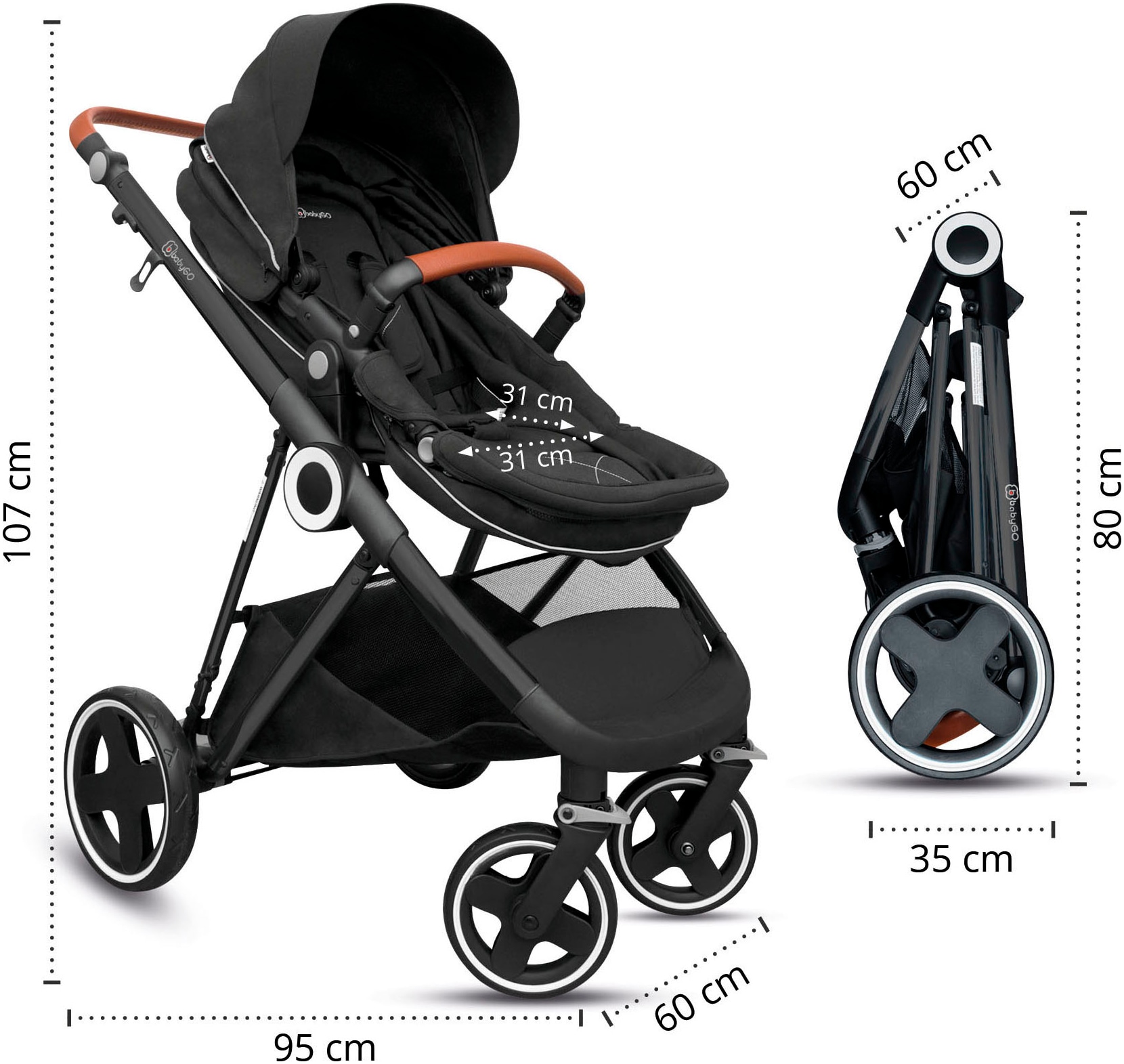 BabyGo Kombi-Kinderwagen »Halime 3in1«, inklusive Babywanne, Babyschale, Regenhaube & Wickeltasche