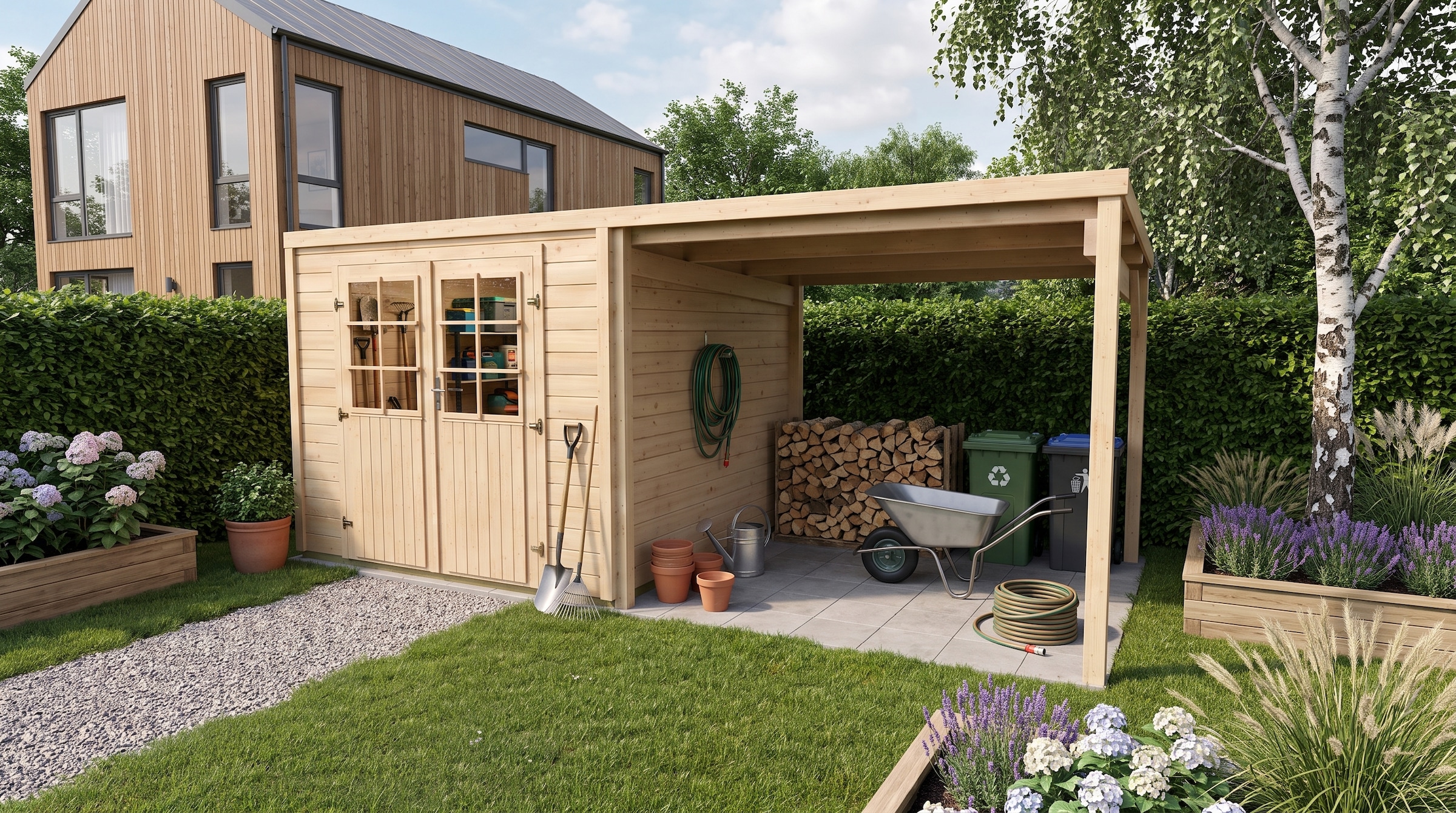 Gartenhaus WEKA, beige, Holzwerkstoff, Gartenhäuser, "Lugo 3 mit Anbau", 19mm 235x235